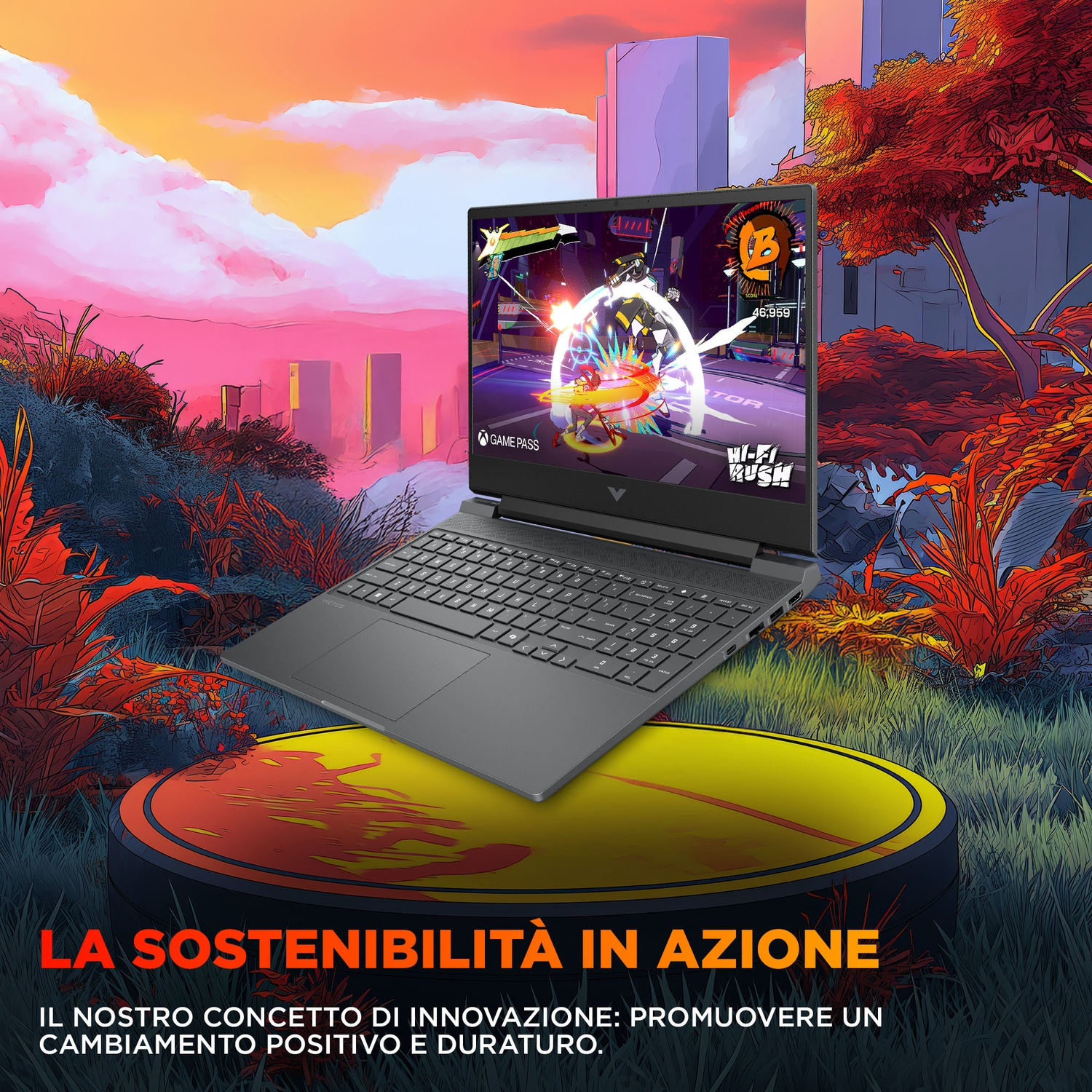 Un laptop visualizza un videogioco davanti a una città colorata e stilizzata.