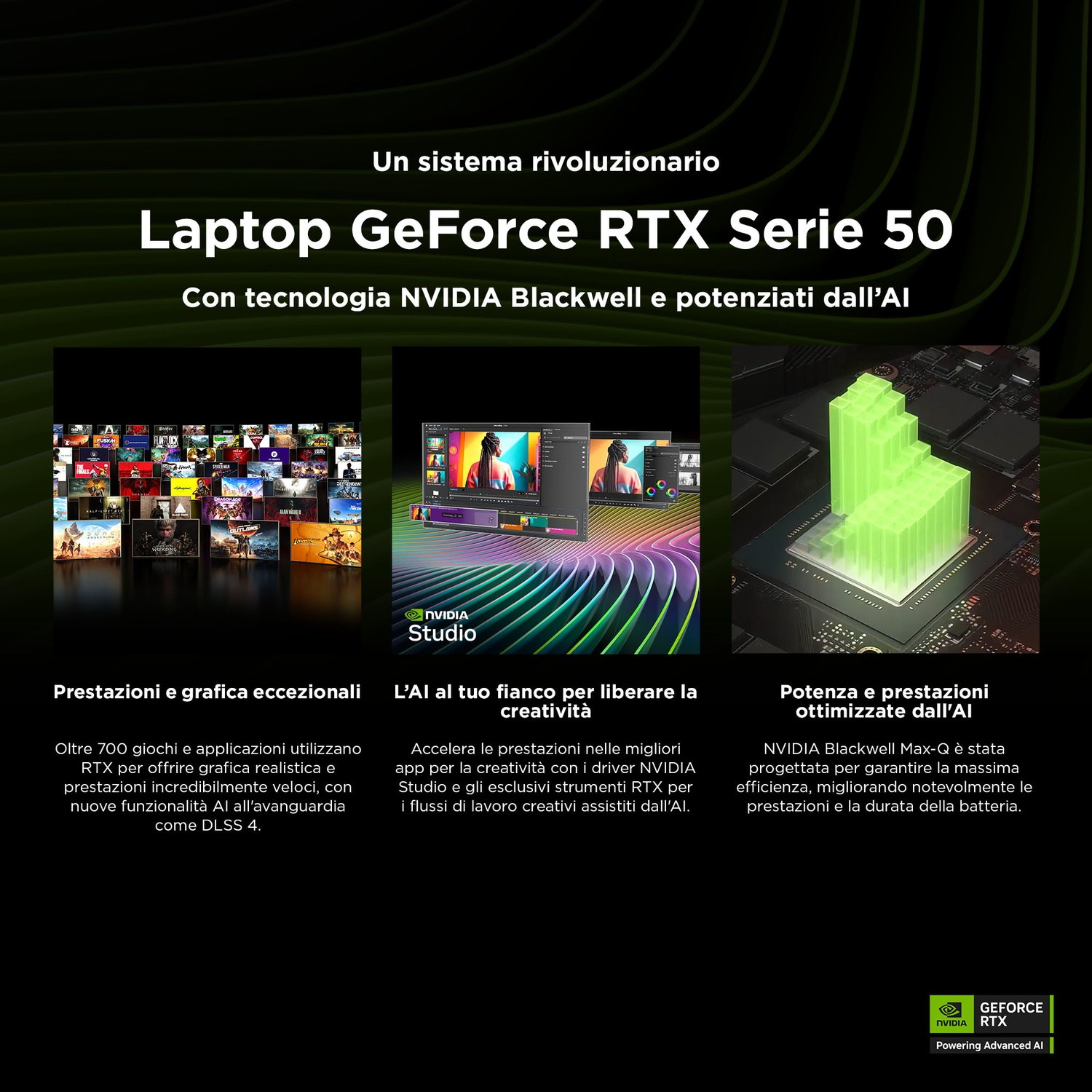 Laptop GeForce RTX 50 con tecnologia AI Blackwell, screenshot giochi, app Studio, chip AI.