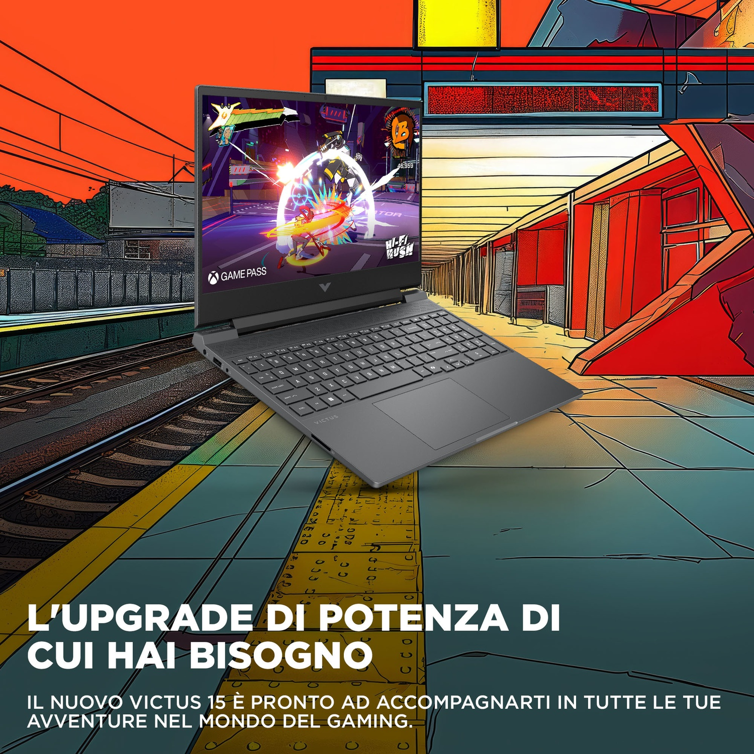 Un laptop Victus 15 scuro mostra un gioco colorato in un ambiente di stazione stilizzato.