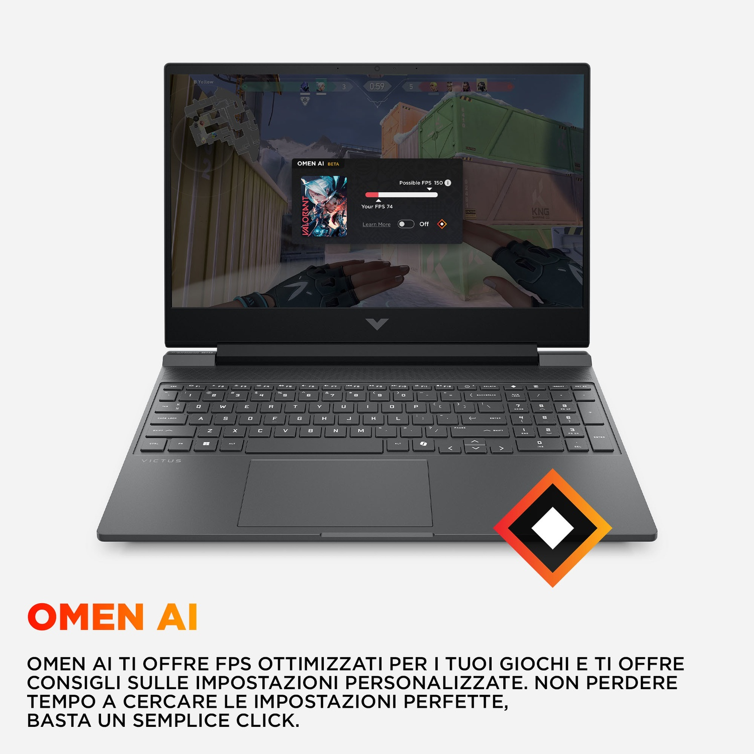 Laptop che mostra il software OMEN AI con FPS di Valorant. Attualmente 74 FPS.