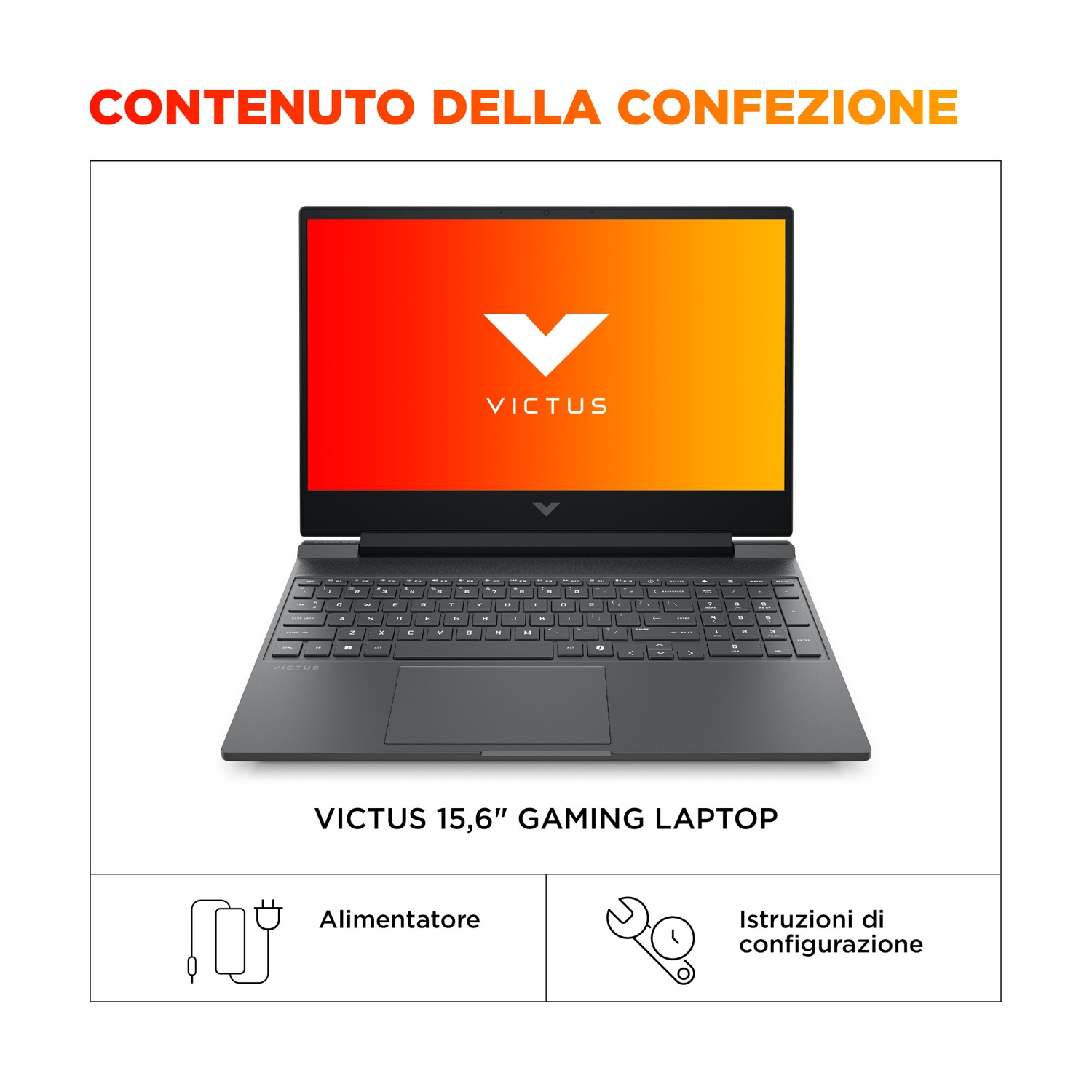 Un laptop gaming Victus nero con tastiera illuminata e logo 'Victus'.