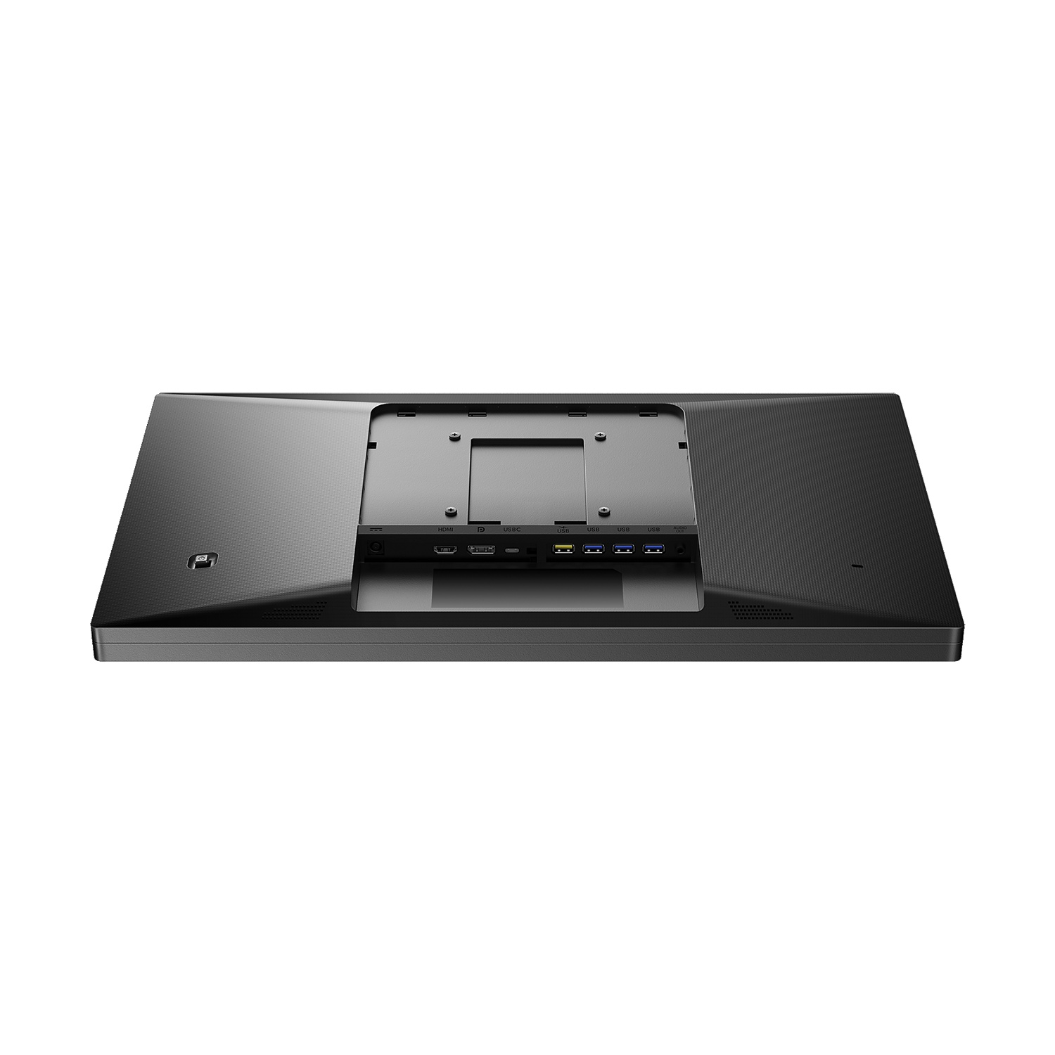 Retro del monitor con porte: HDMI, USB-C, varie porte USB e uscita audio.