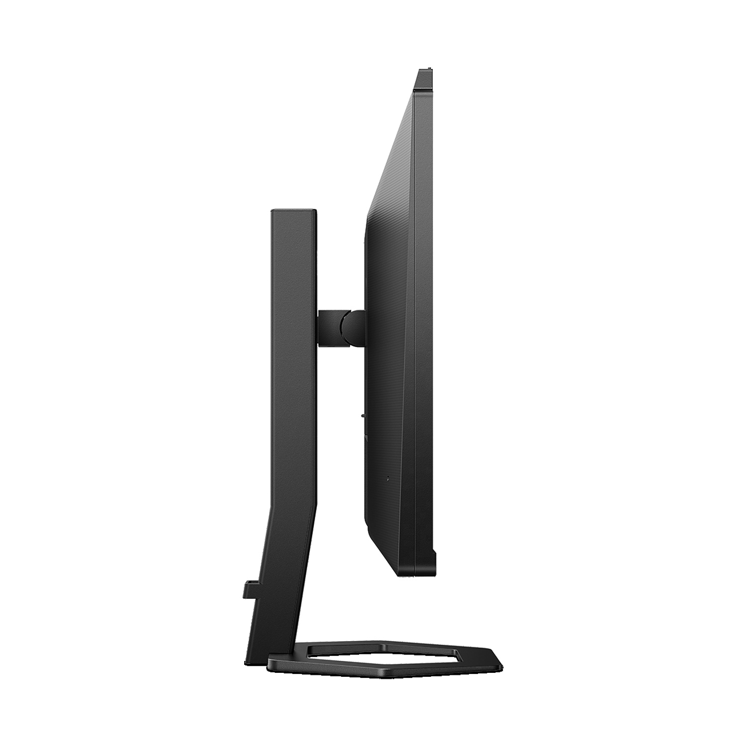 Monitor nero di profilo su sfondo bianco. Supporto moderno.