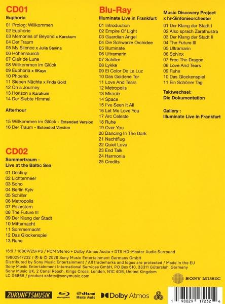 Gelber Hintergrund mit Tracklisten für CD1, Blu-Ray und CD2.