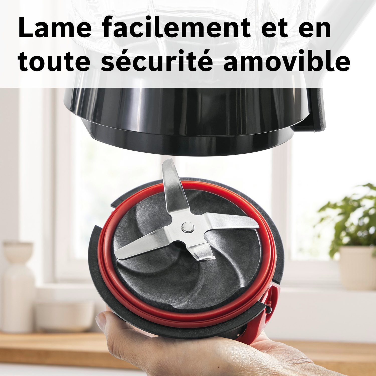Main tenant l'ensemble lames amovible avec joint rouge et lames métalliques.