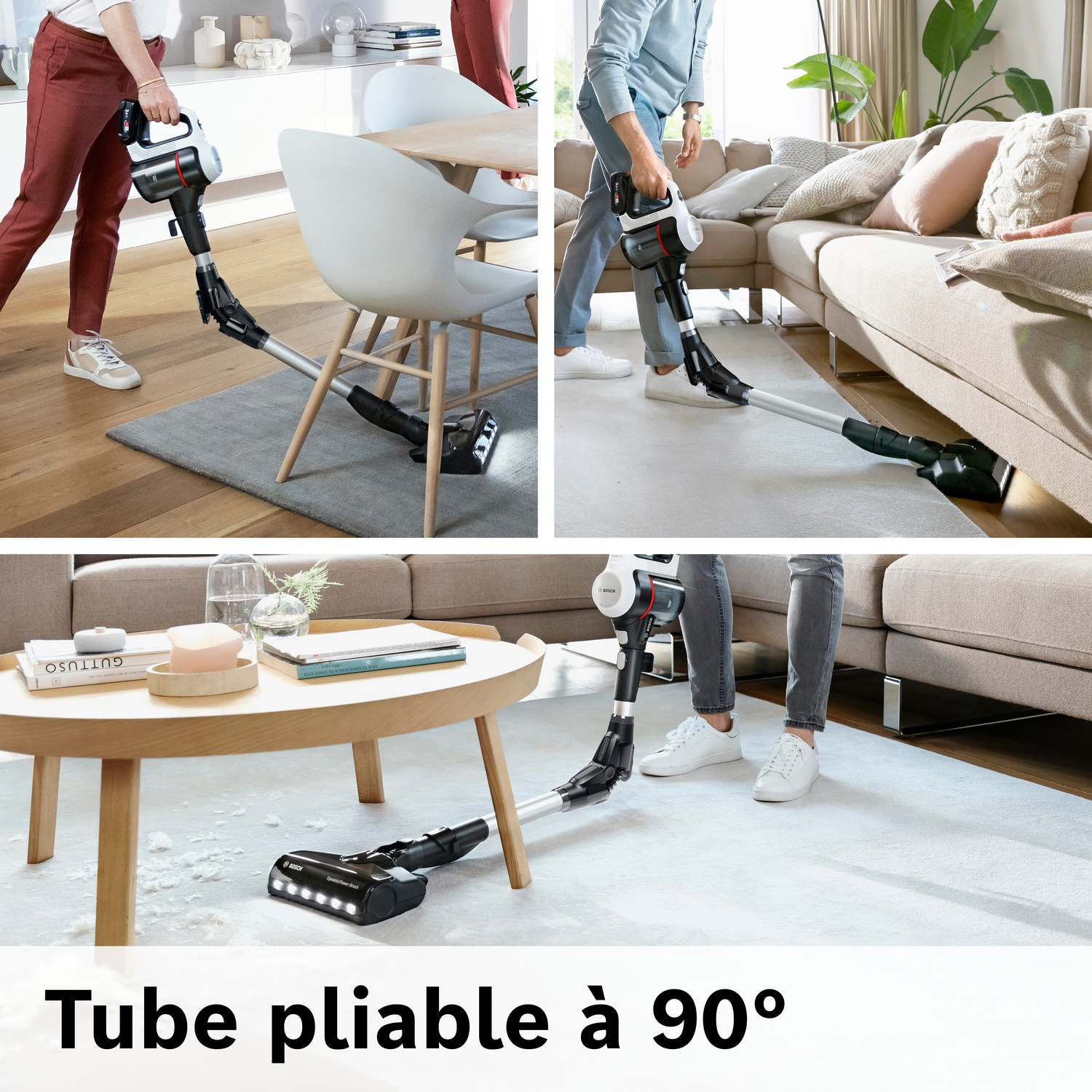 Aspirateur avec tube pliable sous une table et un canapé.