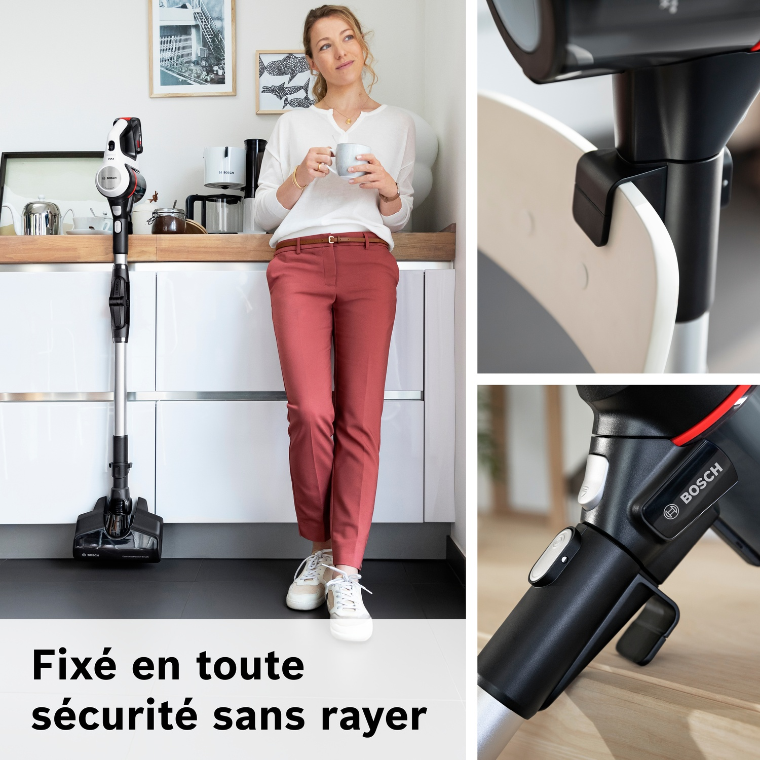 Femme avec aspirateur dans cuisine, gros plan de l'appareil.