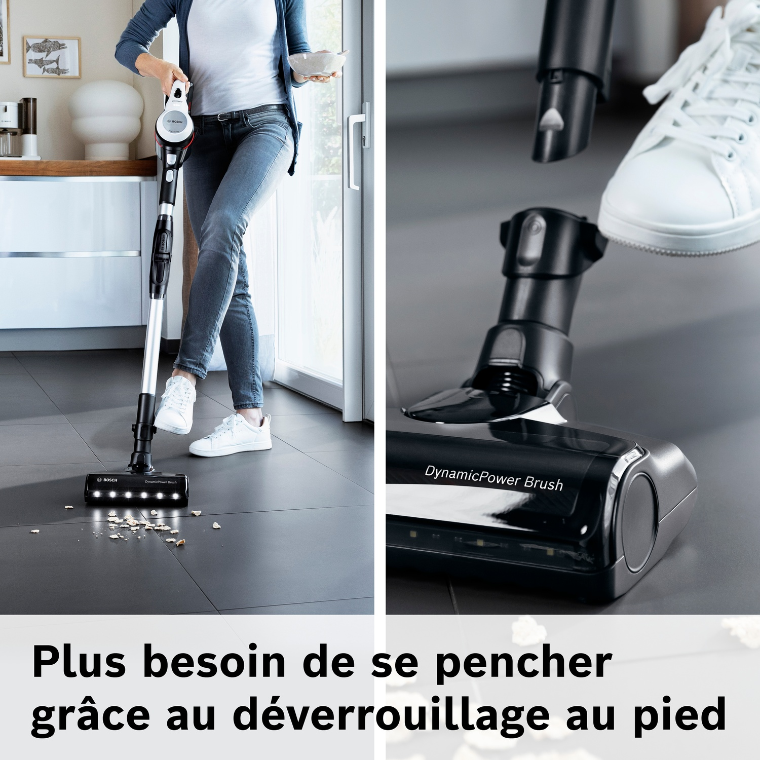 Une personne aspire des miettes avec un aspirateur sans fil actionné au pied.