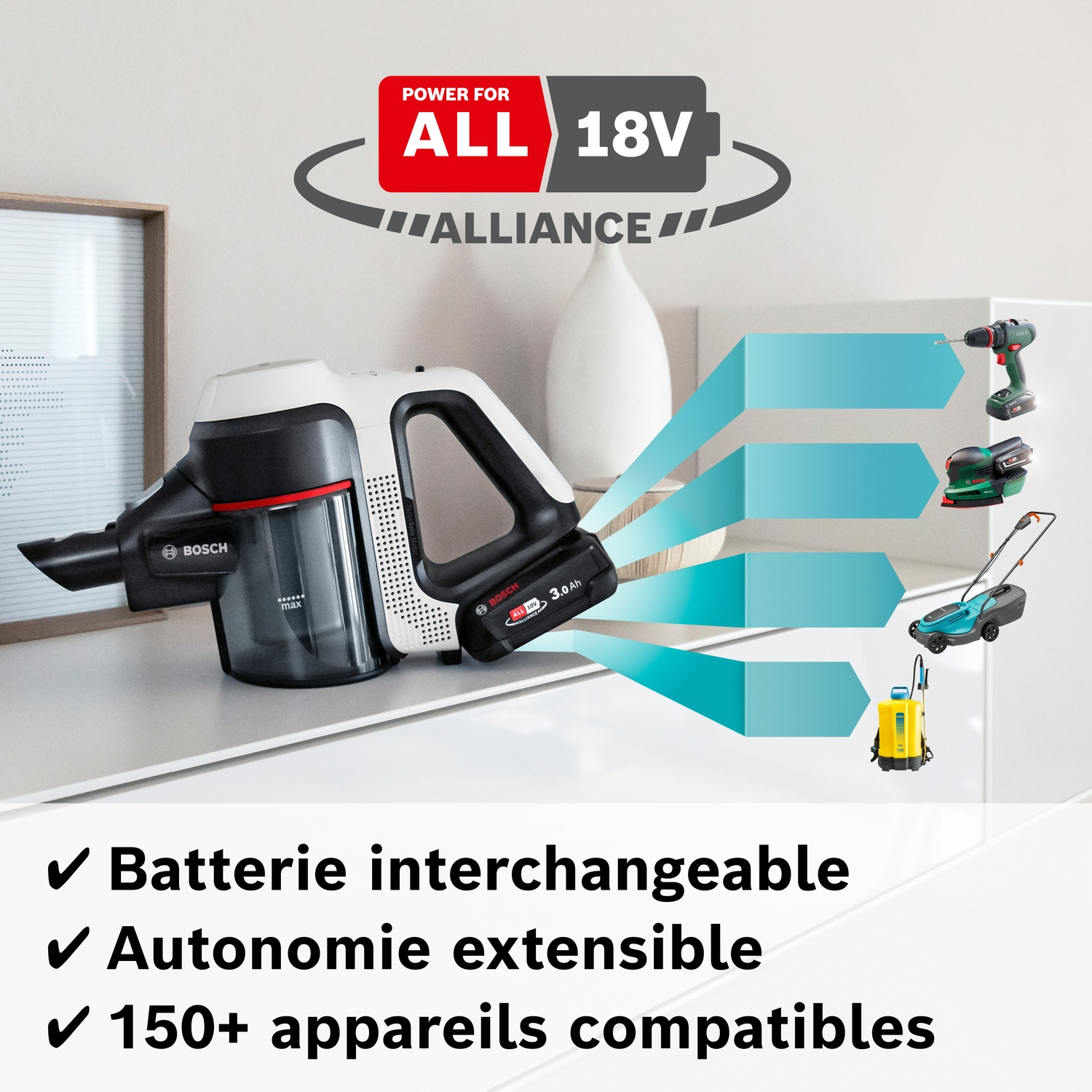 Système batterie Bosch 18V avec aspirateur, perceuse, ponceuse, tondeuse, pulvérisateur.