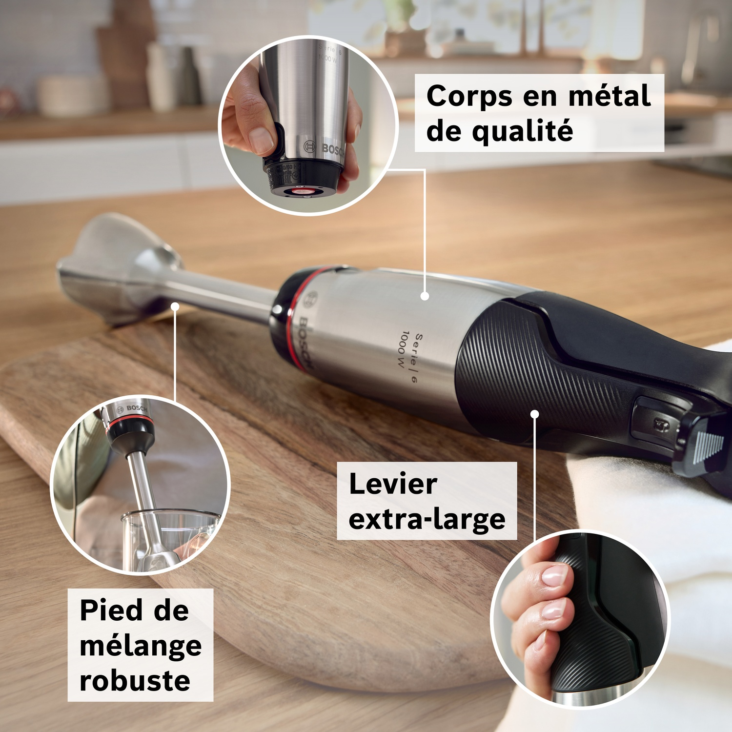 Un mixeur plongeant Bosch avec corps métal, levier large et pied robuste.
