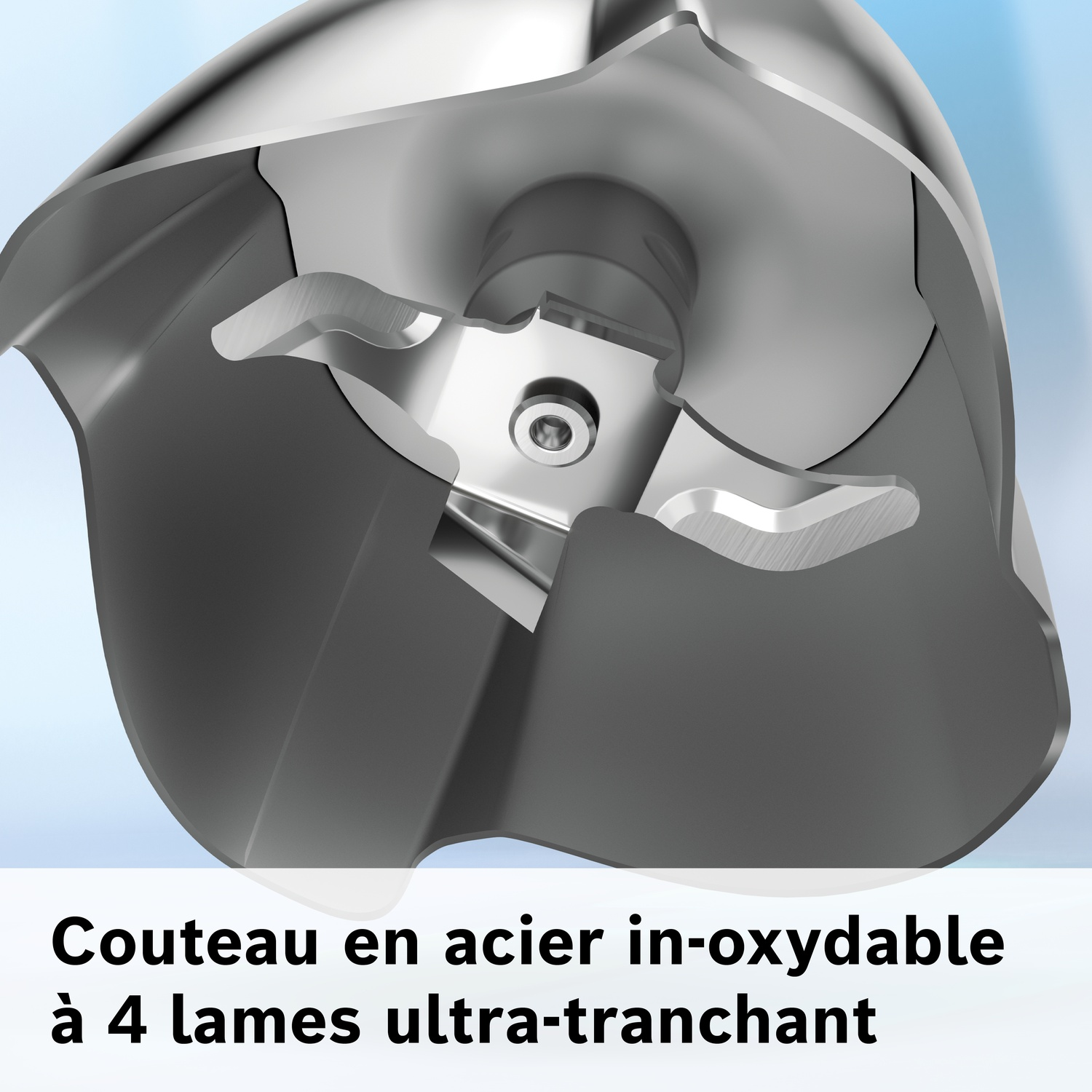 Couteau en acier inoxydable à 4 lames ultra-tranchantes sur fond clair.