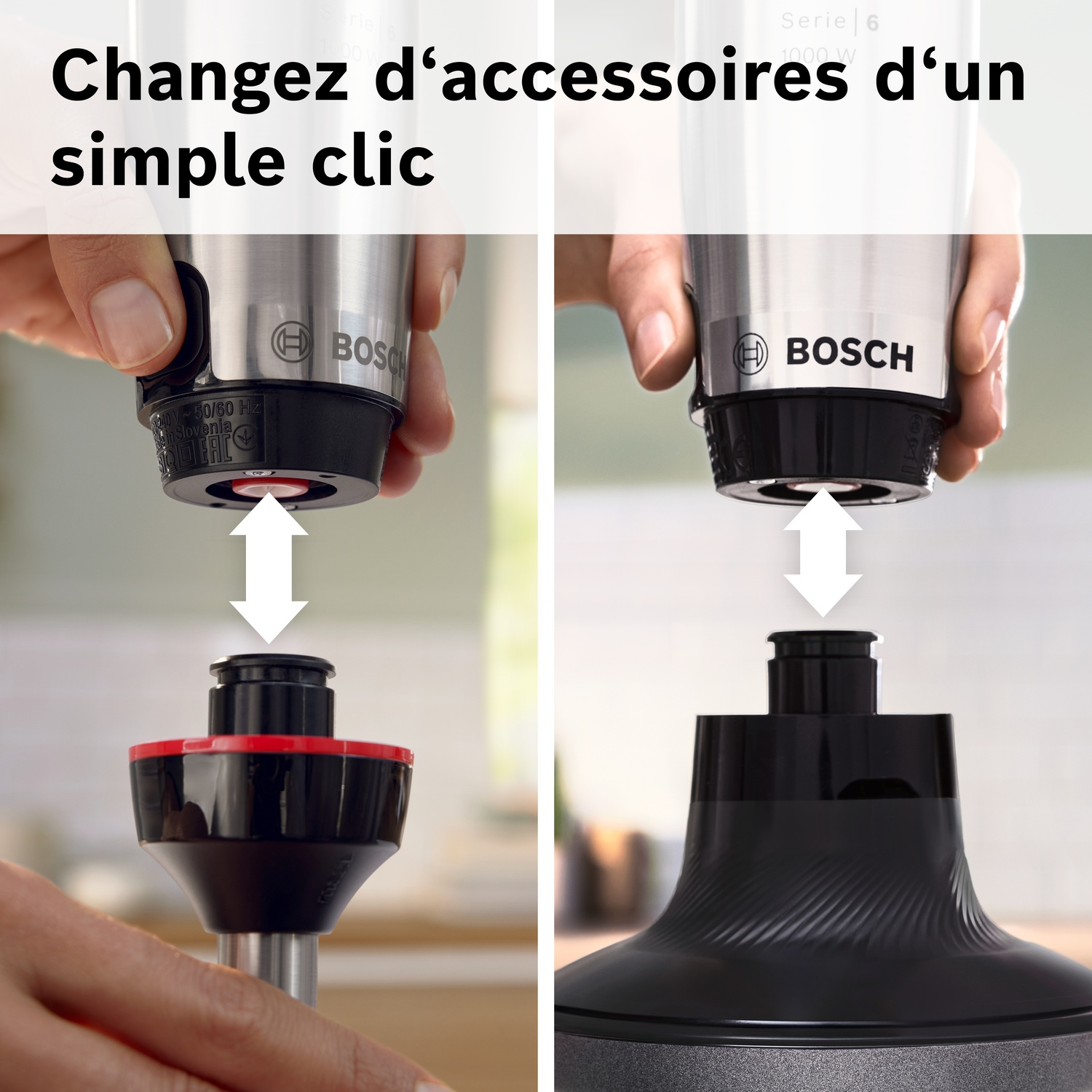 Batteur plongeant Bosch : changement d'accessoire par simple clic sur le corps inox.