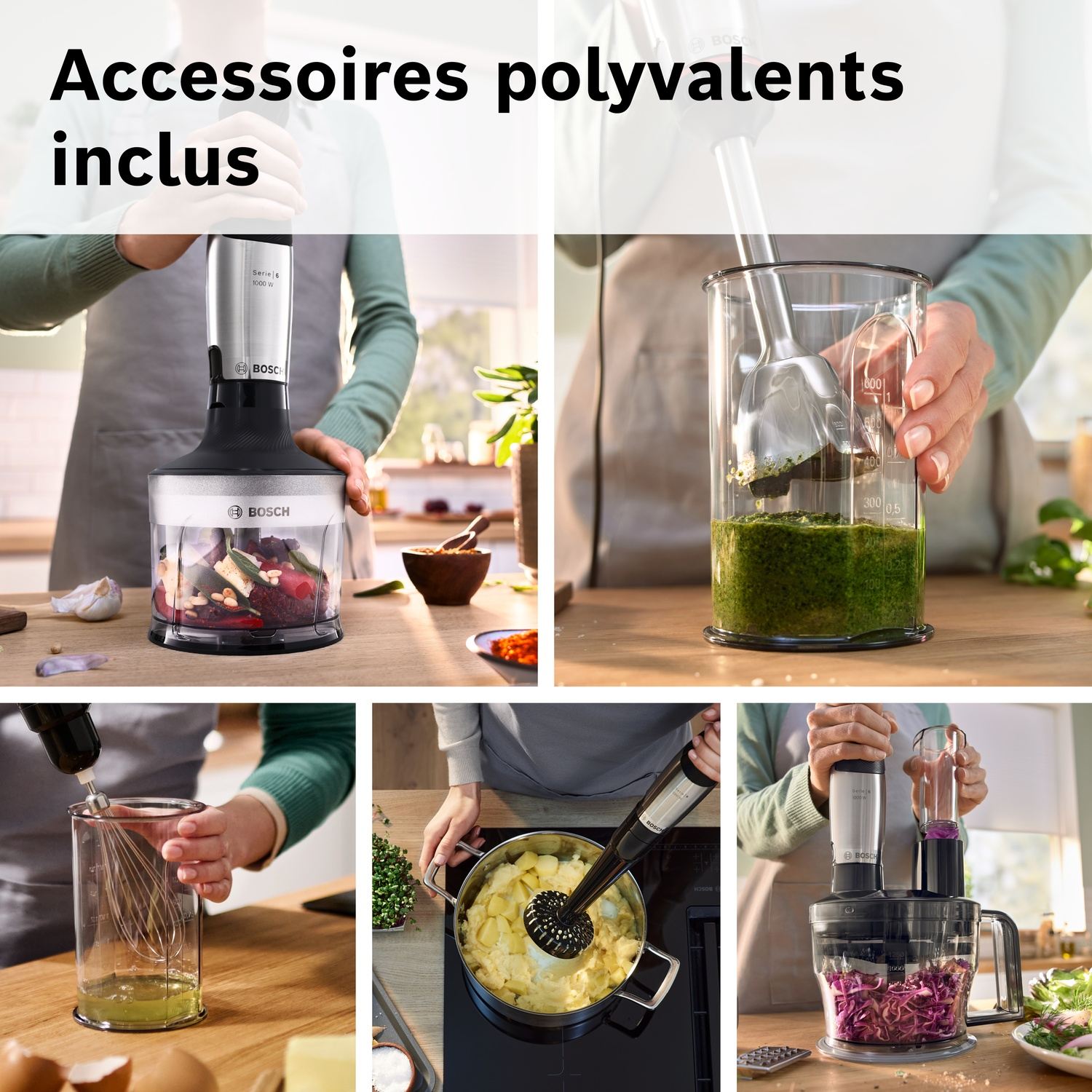 Mixeur plongeant Bosch avec accessoires hachant, mixant du pesto, fouettant des œufs et traitant du chou.