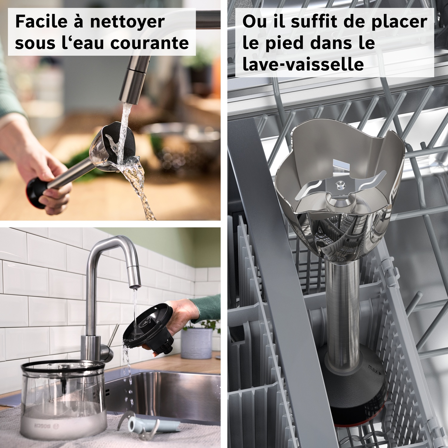 Le pied du mixeur plongeant est rincé sous l'eau ou mis au lave-vaisselle.
