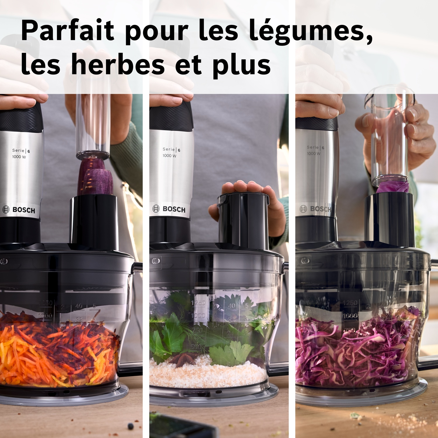 Un robot culinaire Bosch râpe carottes, herbes et chou rouge.