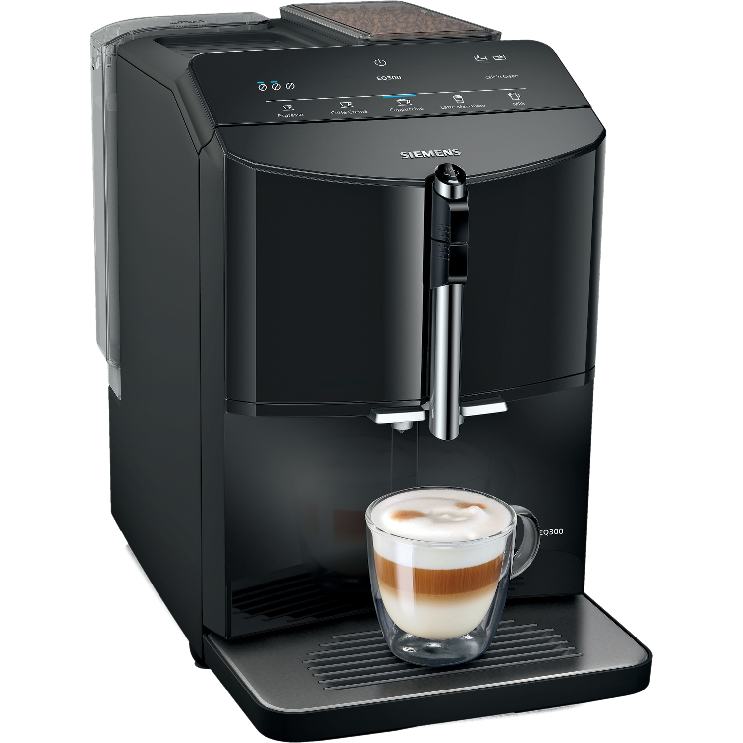 Machine à café Siemens EQ300 noire avec une tasse de latte macchiato.