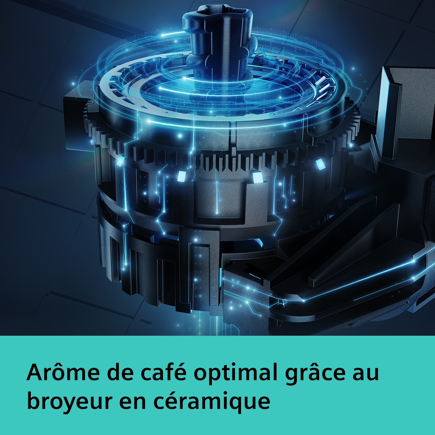 Un mécanisme noir complexe avec des effets lumineux bleus et des engrenages.