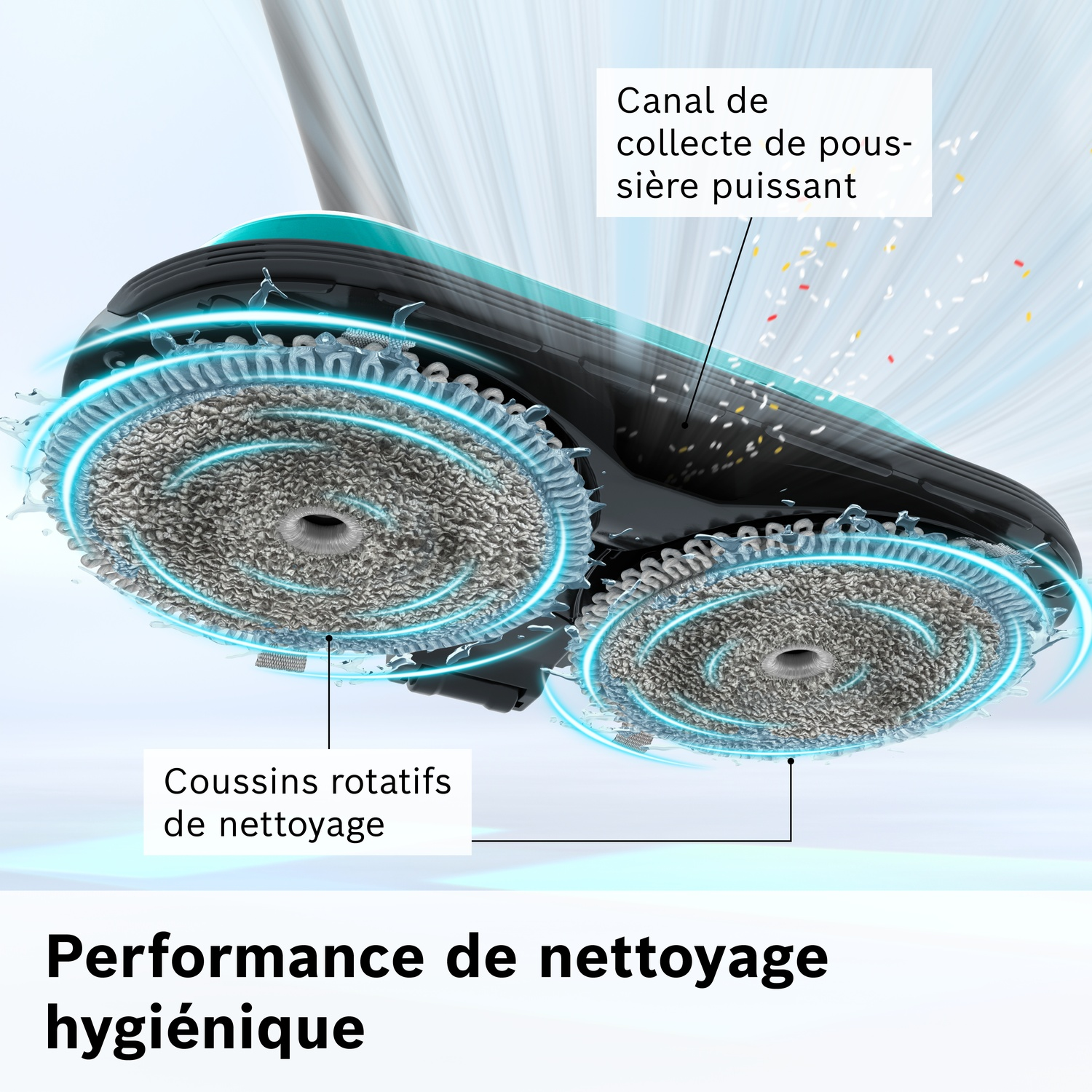 Nettoyeur de sol avec brosses rotatives et puissant canal à poussière.