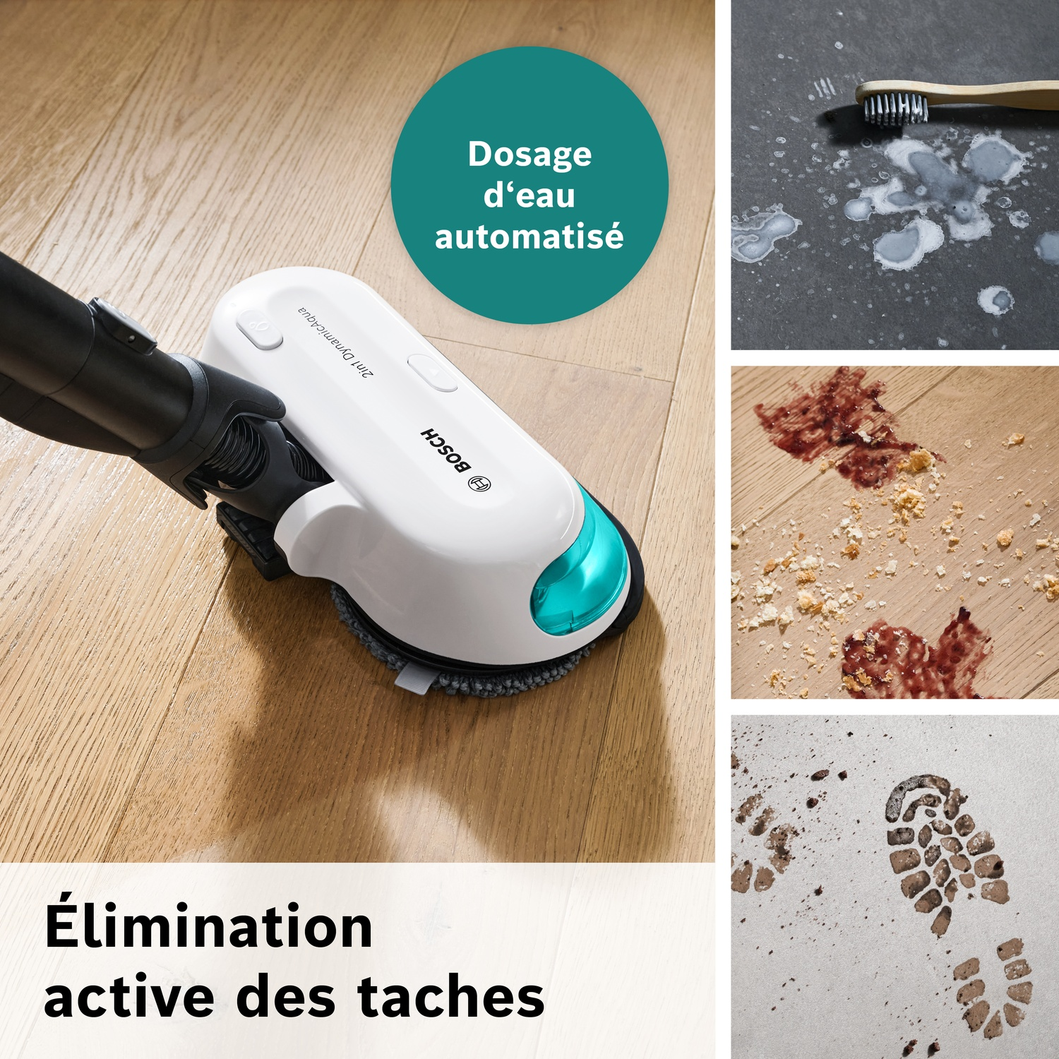 Un nettoyeur de sol sans fil Bosch blanc sur parquet. Encadrés : brosse à dents, taches au sol, empreinte.
