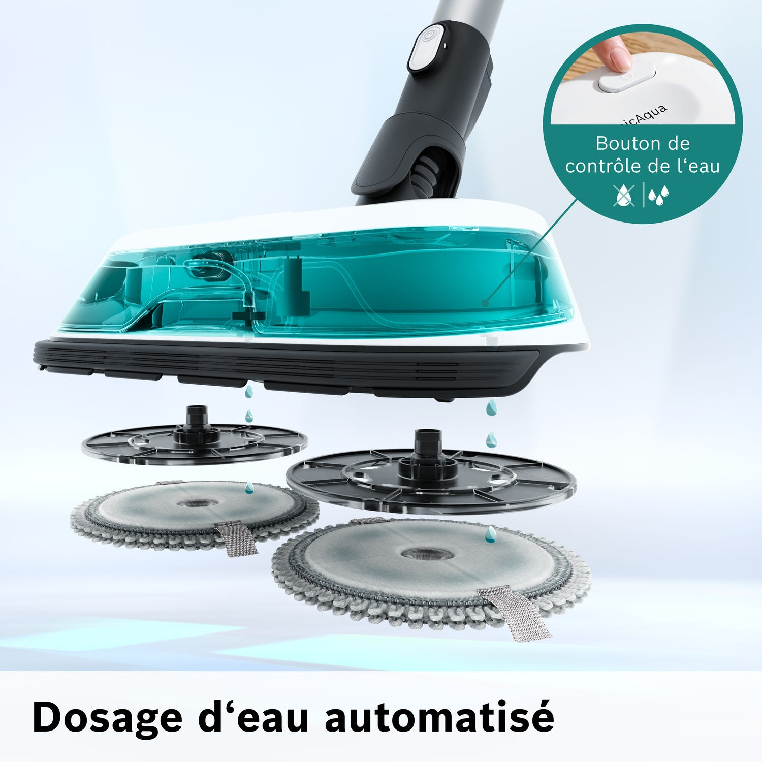 Un nettoyeur vapeur avec réservoir d'eau transparent, brosses rotatives et gouttes d'eau.