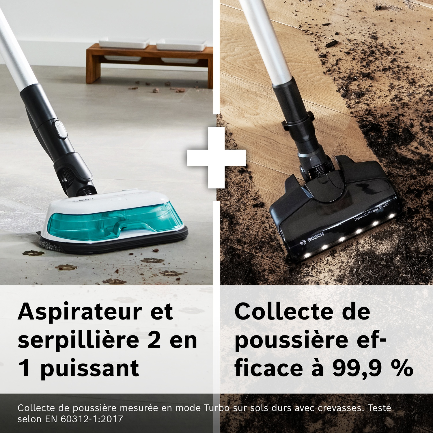 Un aspirateur et serpillière 2-en-1 puissant et une collecte de poussière efficace.