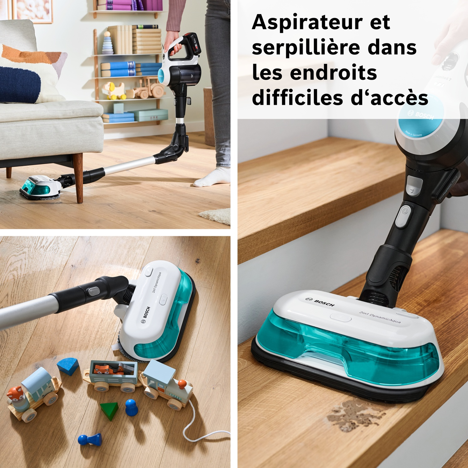 Un aspirateur Bosch sans fil avec accessoire serpillière nettoie sols et escaliers.