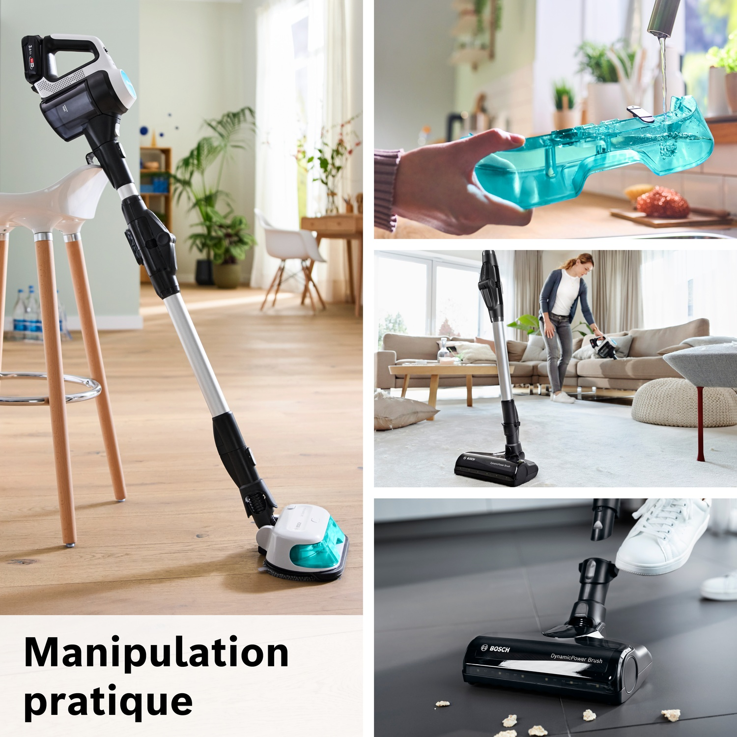 Un aspirateur sans fil est montré, avec un réservoir d'eau et une brosse.