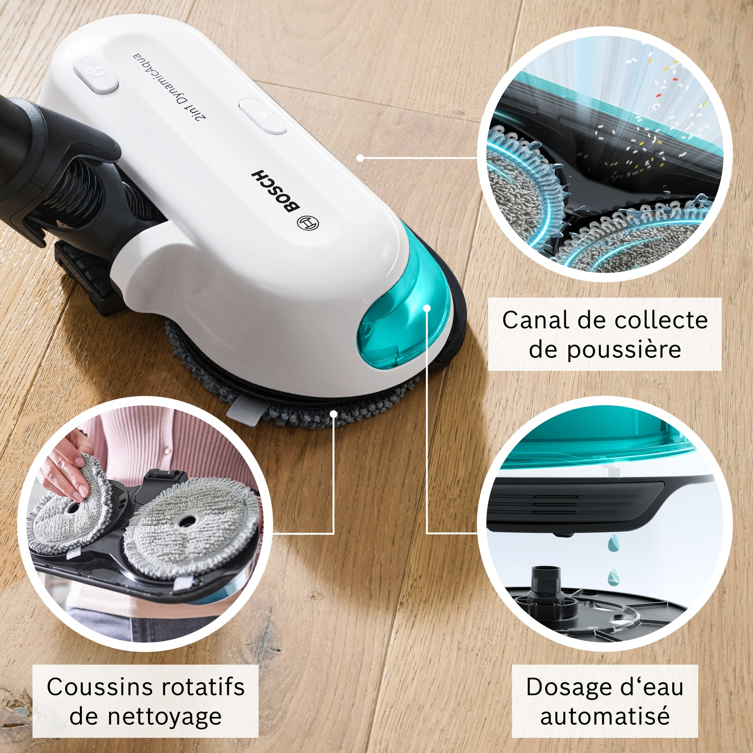 Nettoyeur Bosch 2-en-1 DynamicAqua avec tampons rotatifs et collecte de poussière.