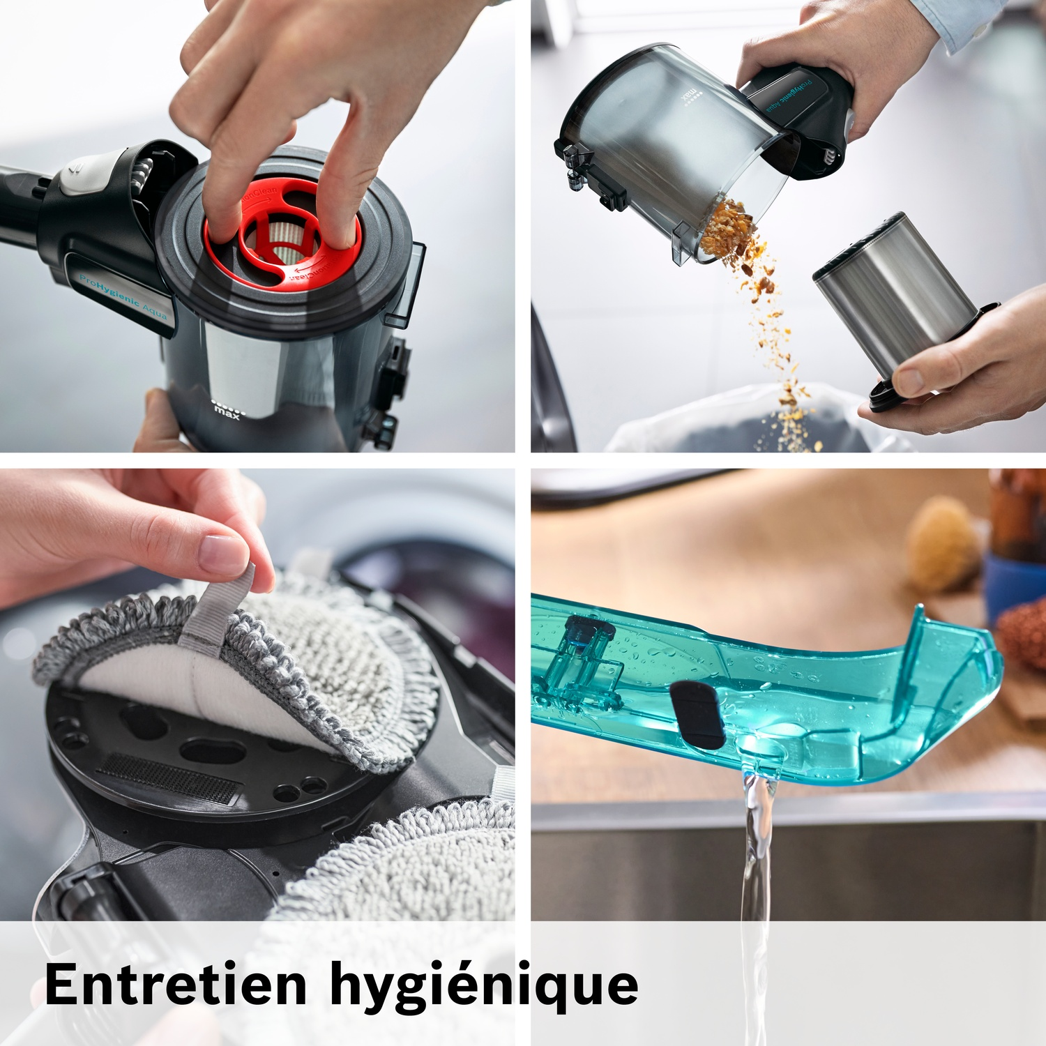 Entretien aspirateur : changement filtre, vidage bac, fixation mop et rinçage pièces.
