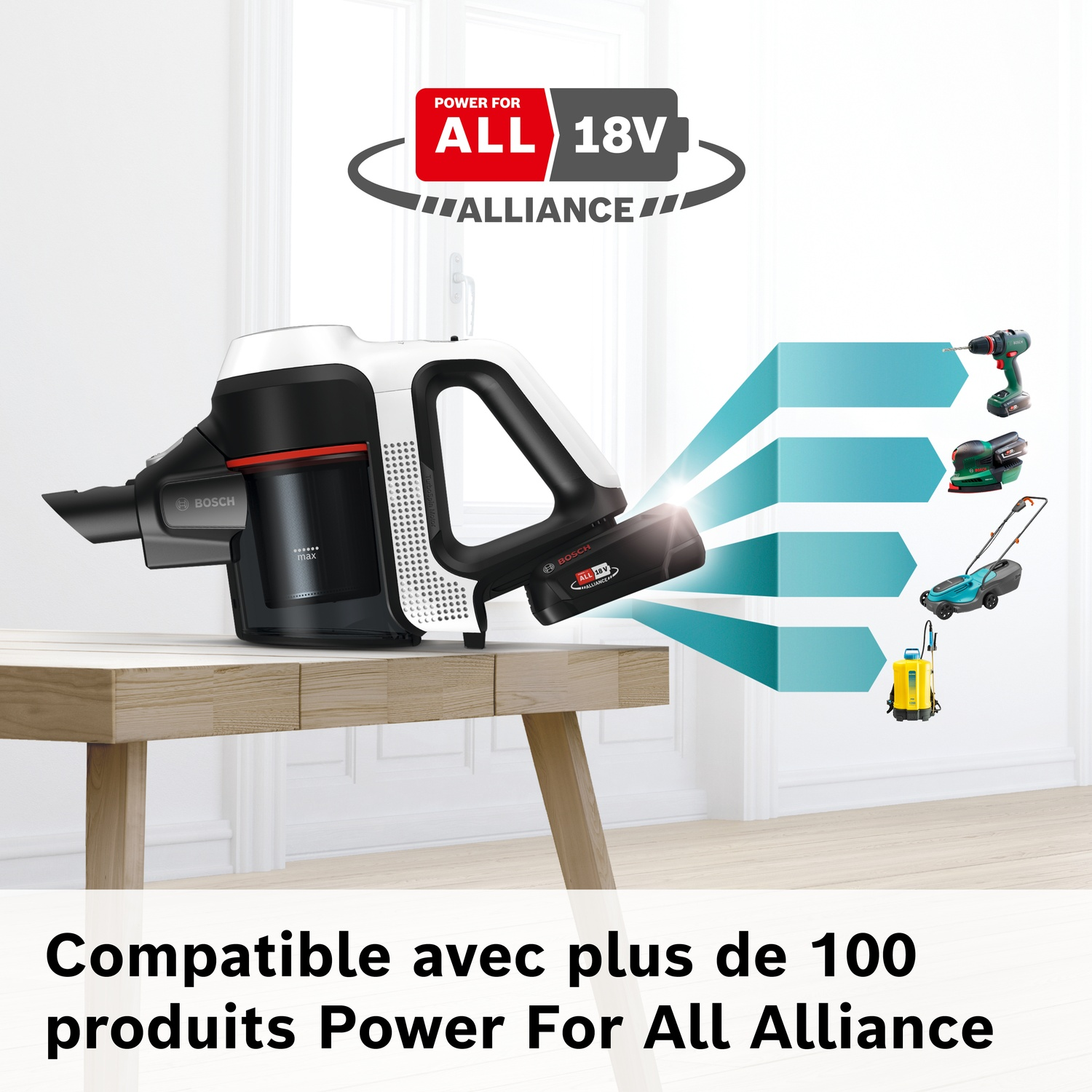 Un aspirateur sans fil Bosch avec accessoires : perceuse, ponceuse, tondeuse.