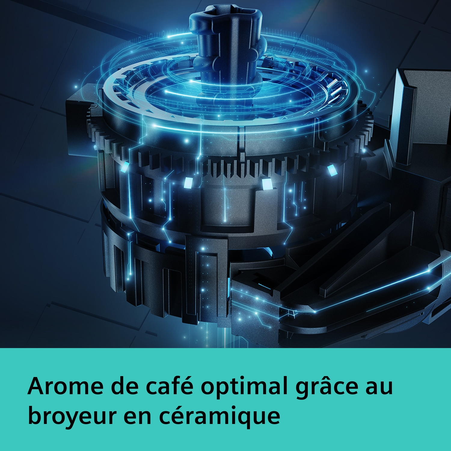 Composant technologique abstrait avec lumières bleues et engrenages.