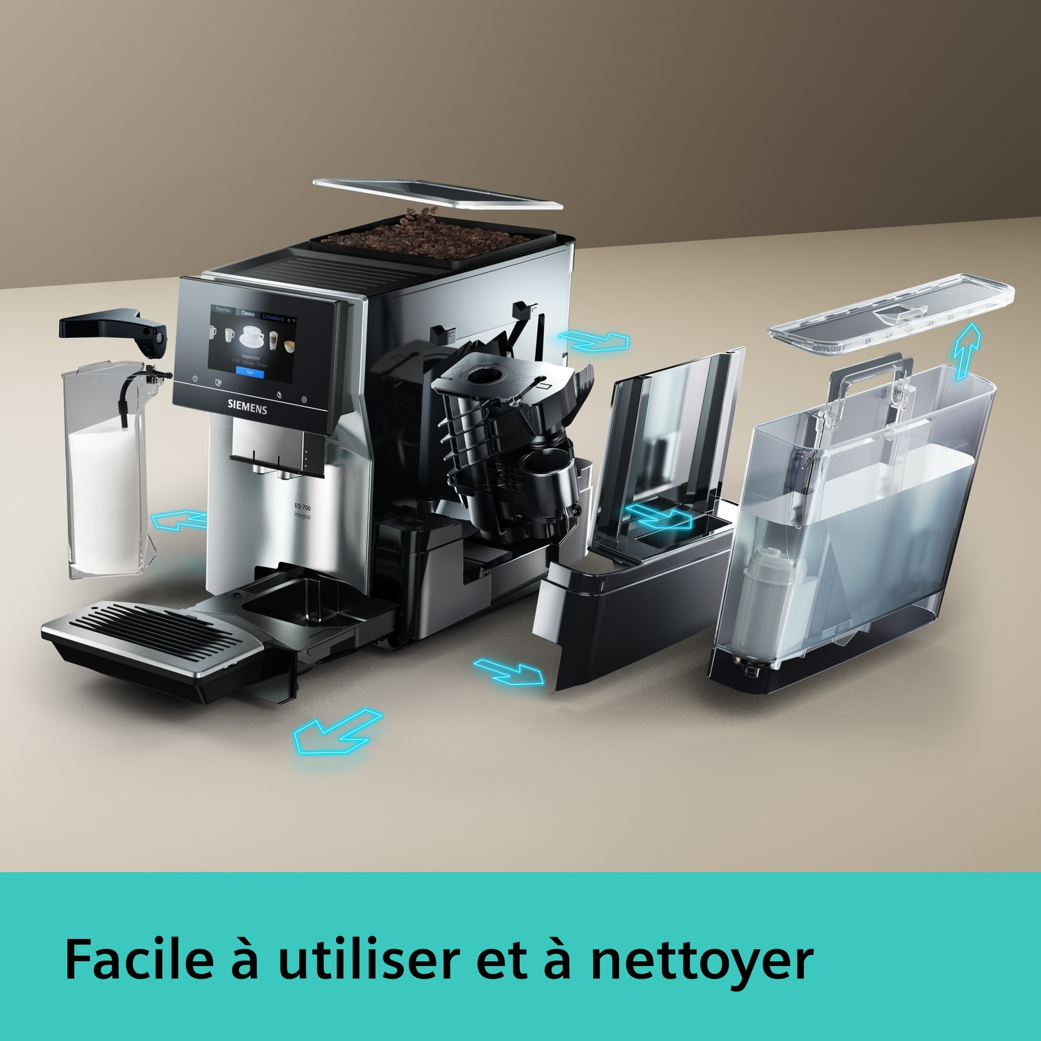 Vue éclatée de machine à café Siemens avec flèches indiquant le démontage.