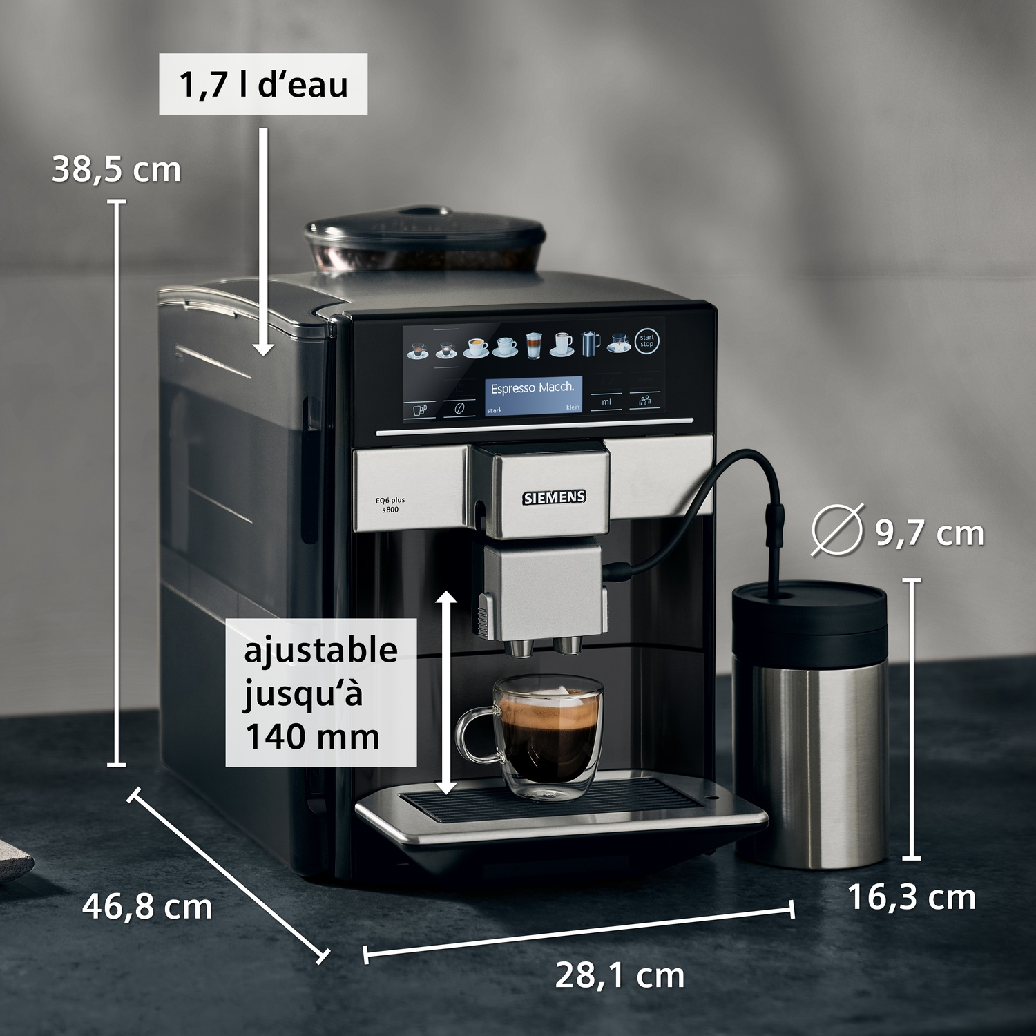 Machine à café Siemens: 38,5x46,8x28,1 cm. Réservoir 1,7L.