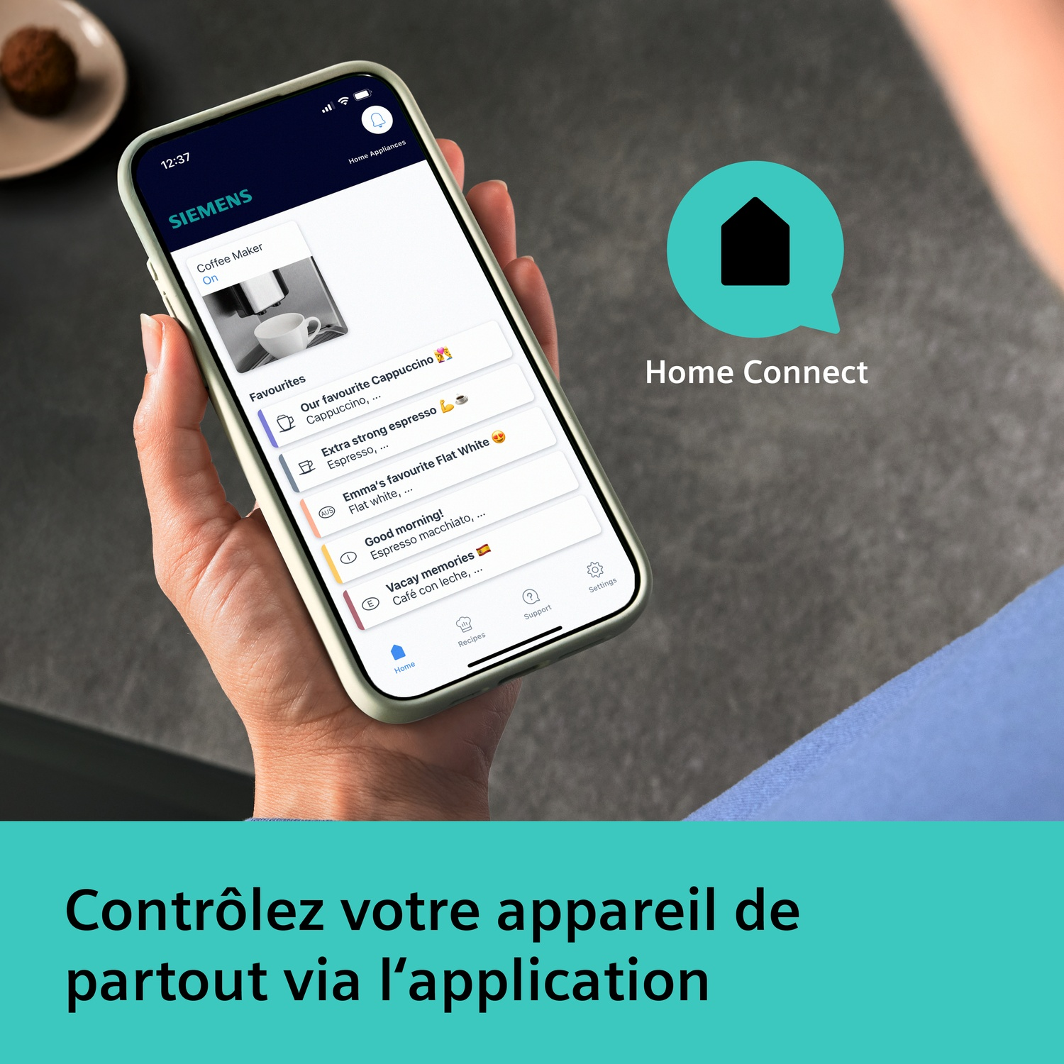Un smartphone affiche l'application Siemens Home Connect avec des recettes.