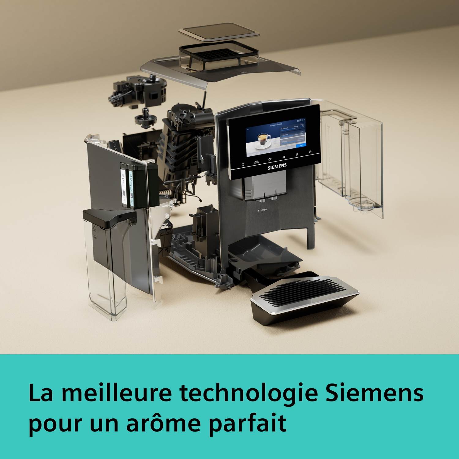Vue éclatée d'une machine à café Siemens avec pièces internes exposées.