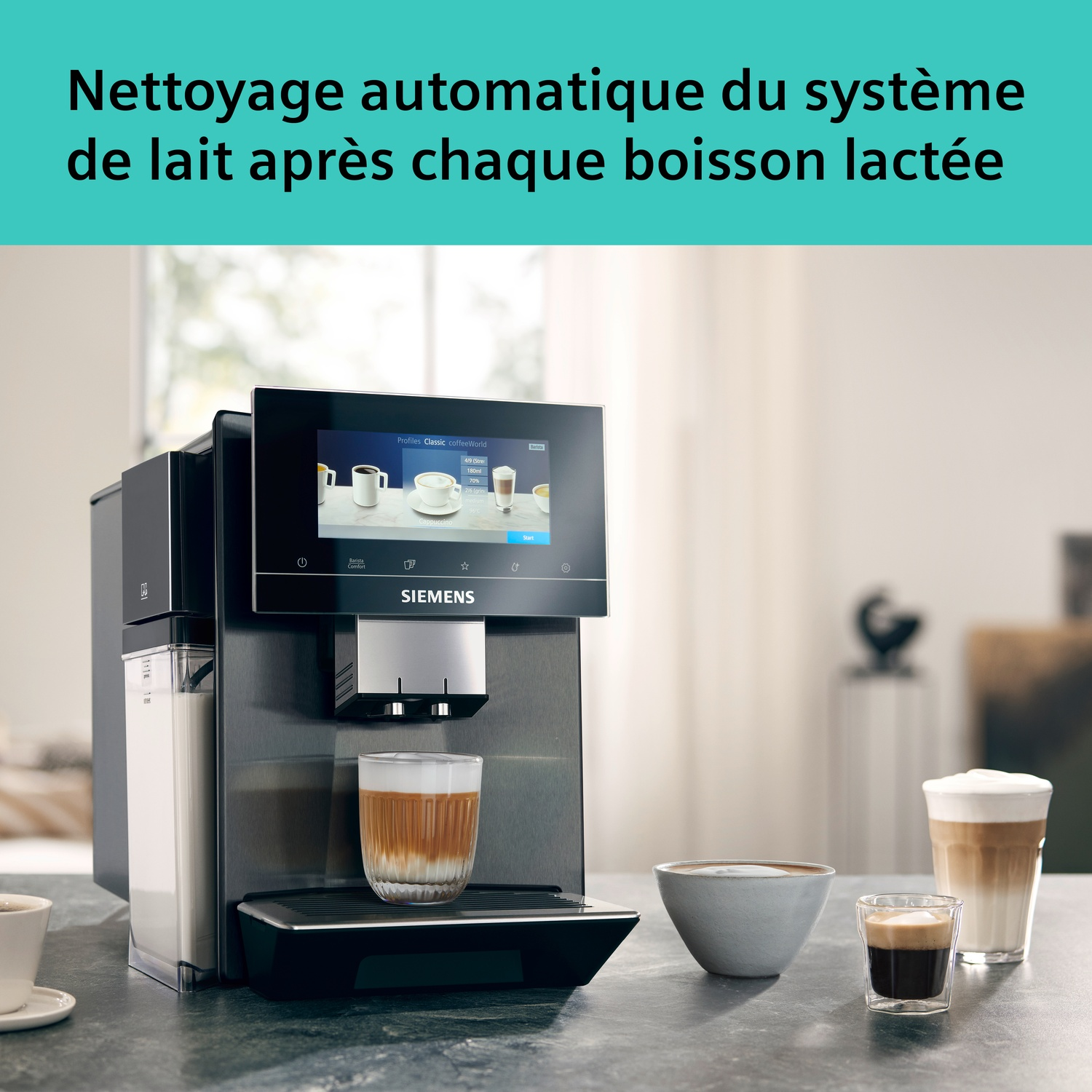 Machine à café automatique Siemens avec système de lait et options café.
