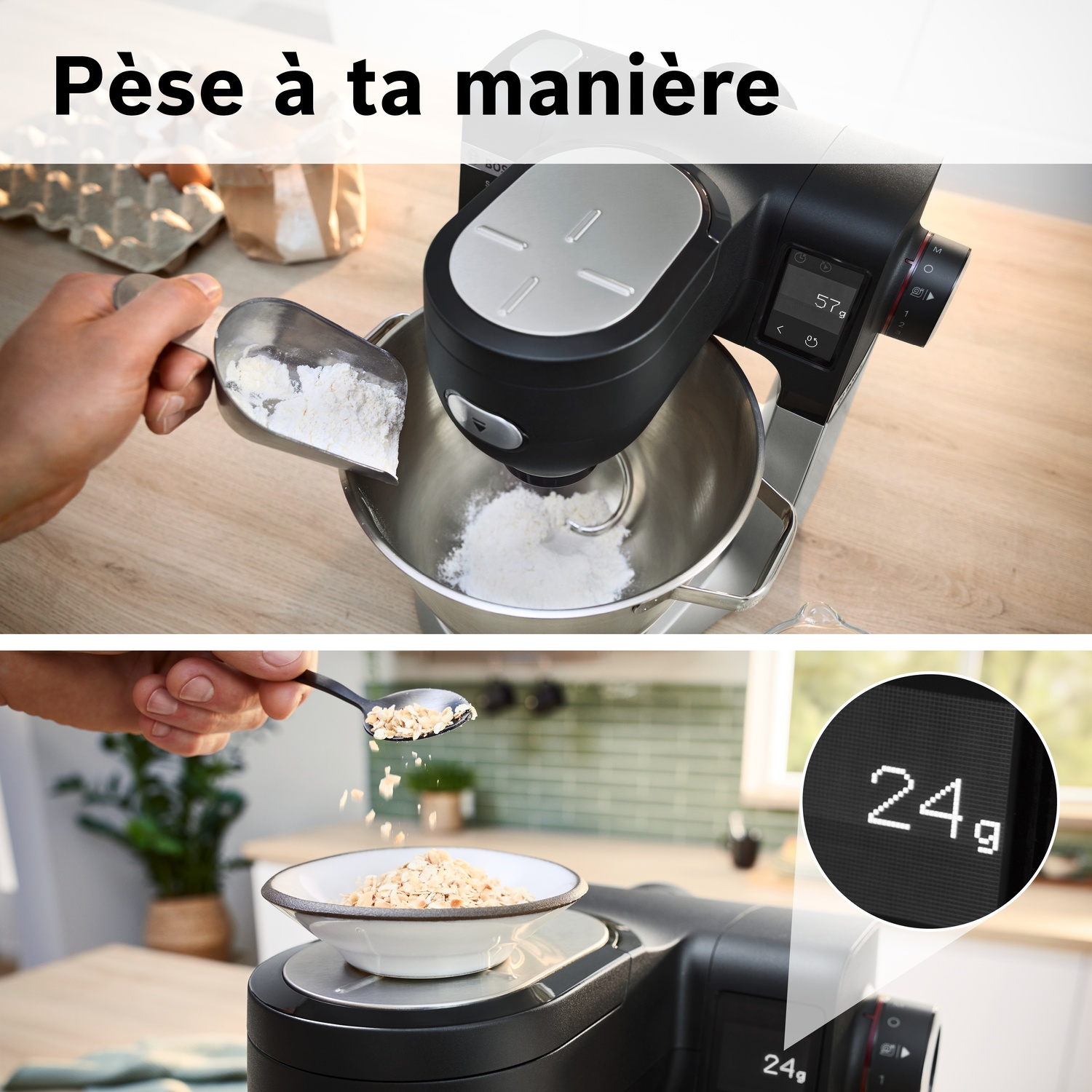 Balance de cuisine pèse farine (57g), puis flocons (24g). Gros plan de l'écran.