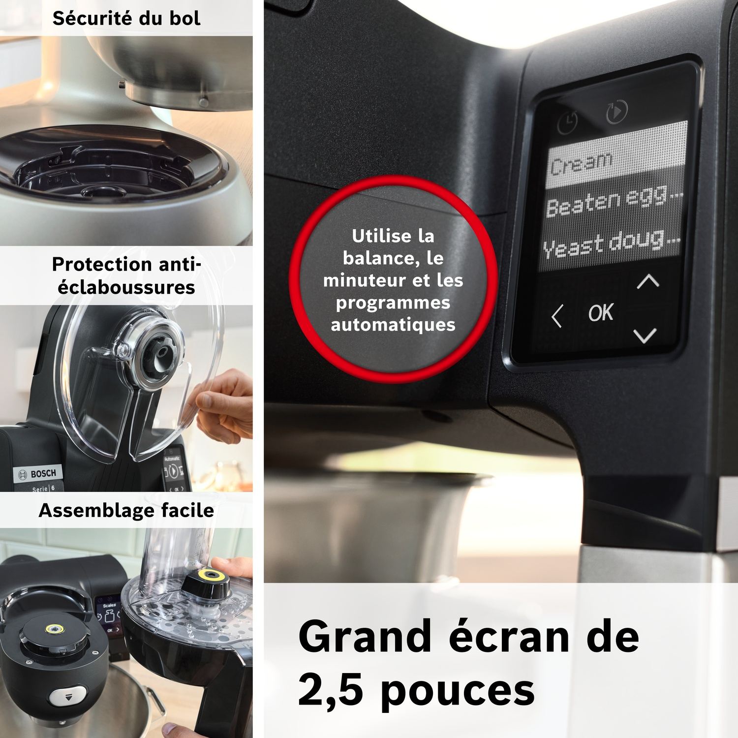 Robot de cuisine avec écran numérique affichant des programmes comme 'Crème', 'Œuf battu', 'Pâte levée'.