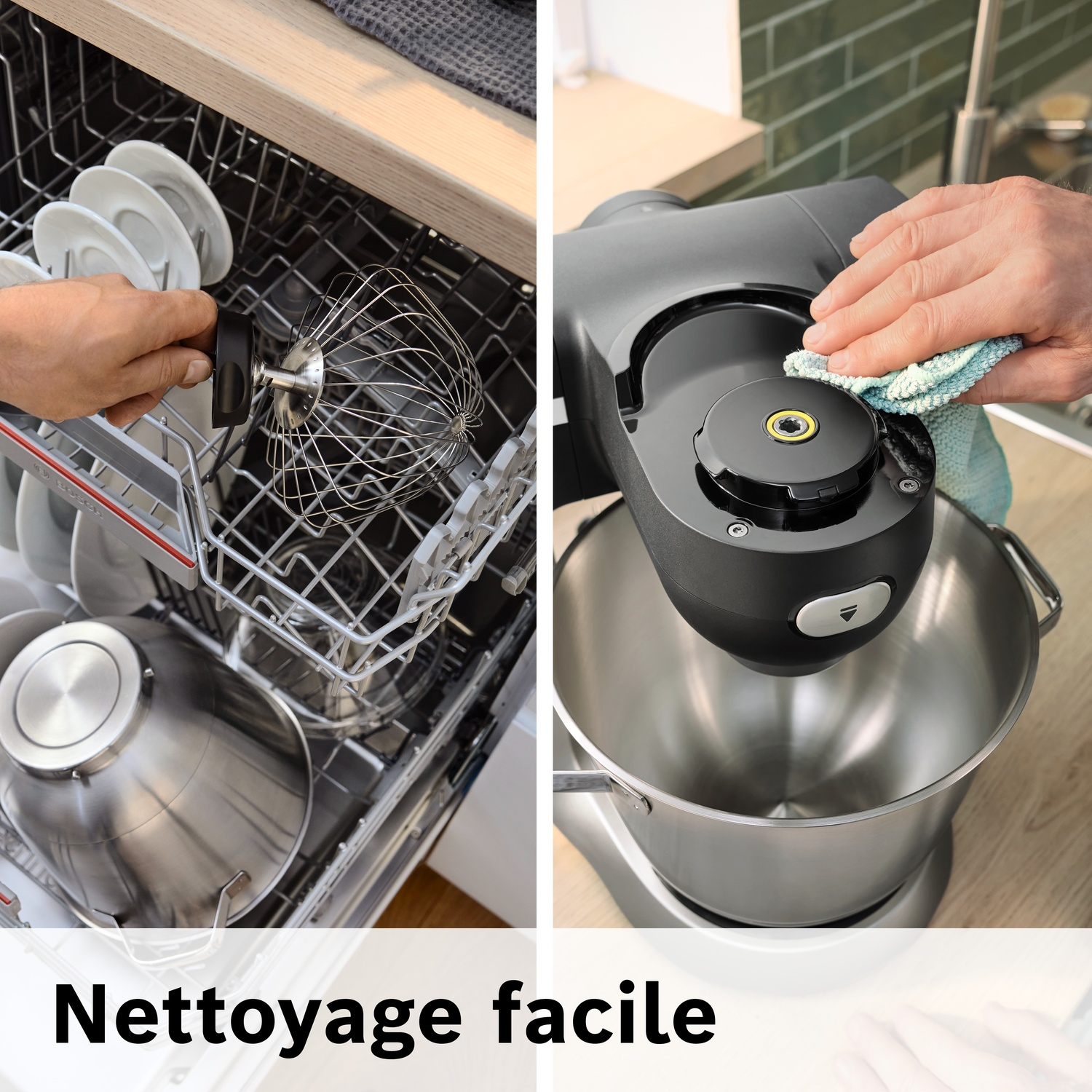 Main met fouet dans lave-vaisselle; main essuie robot culinaire.