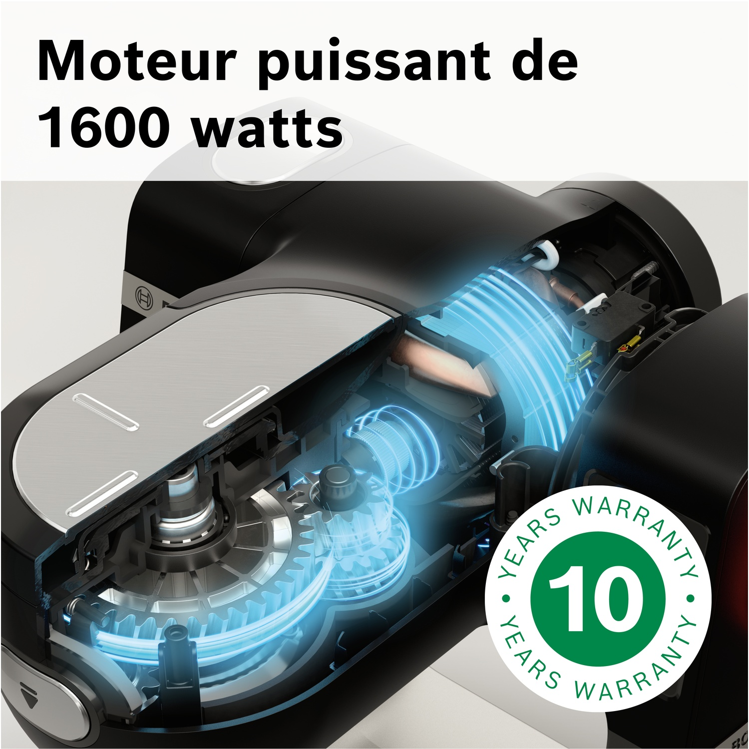 Vue intérieure d'un moteur avec engrenages et lumières bleues. Garantie 10 ans.