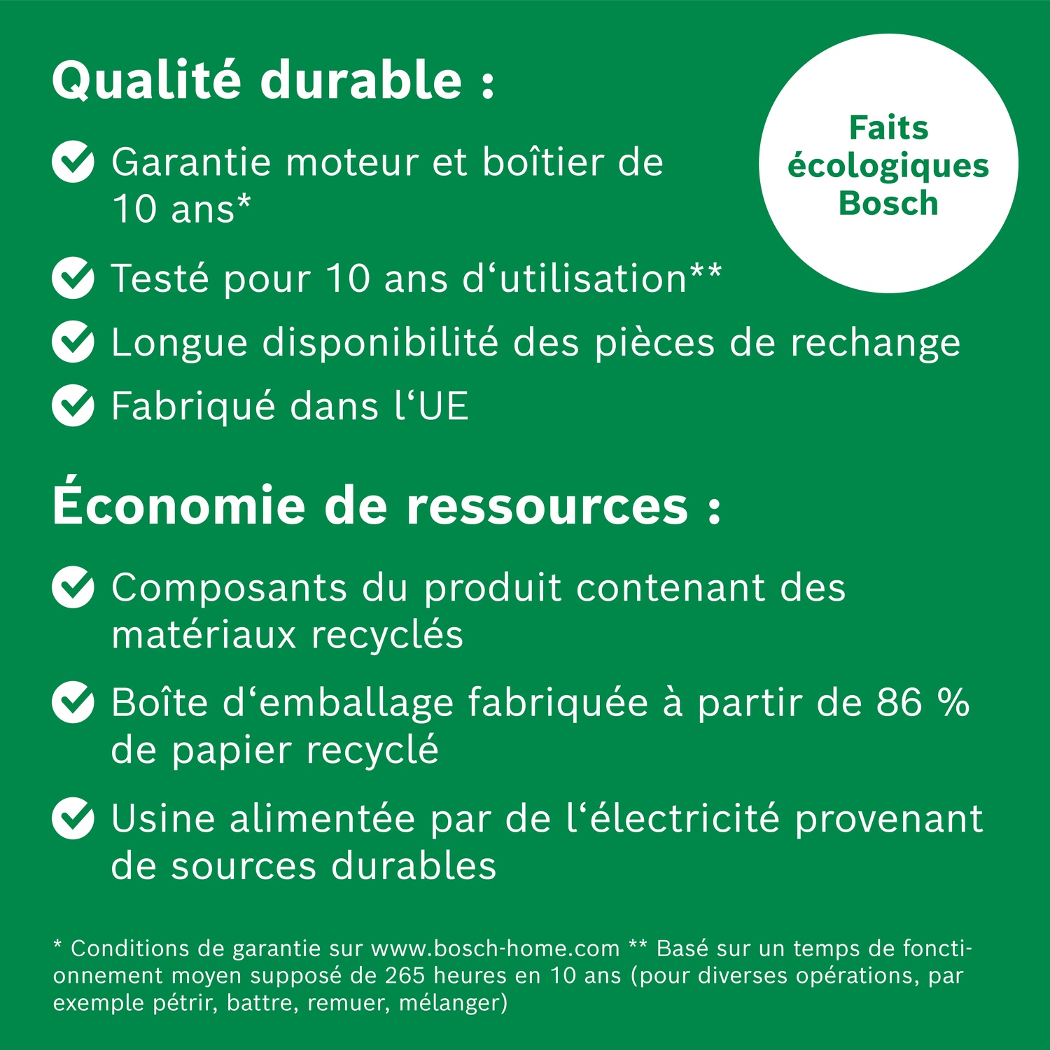 Cercle vert avec texte "Faits écologiques Bosch" et liste de caractéristiques durables.