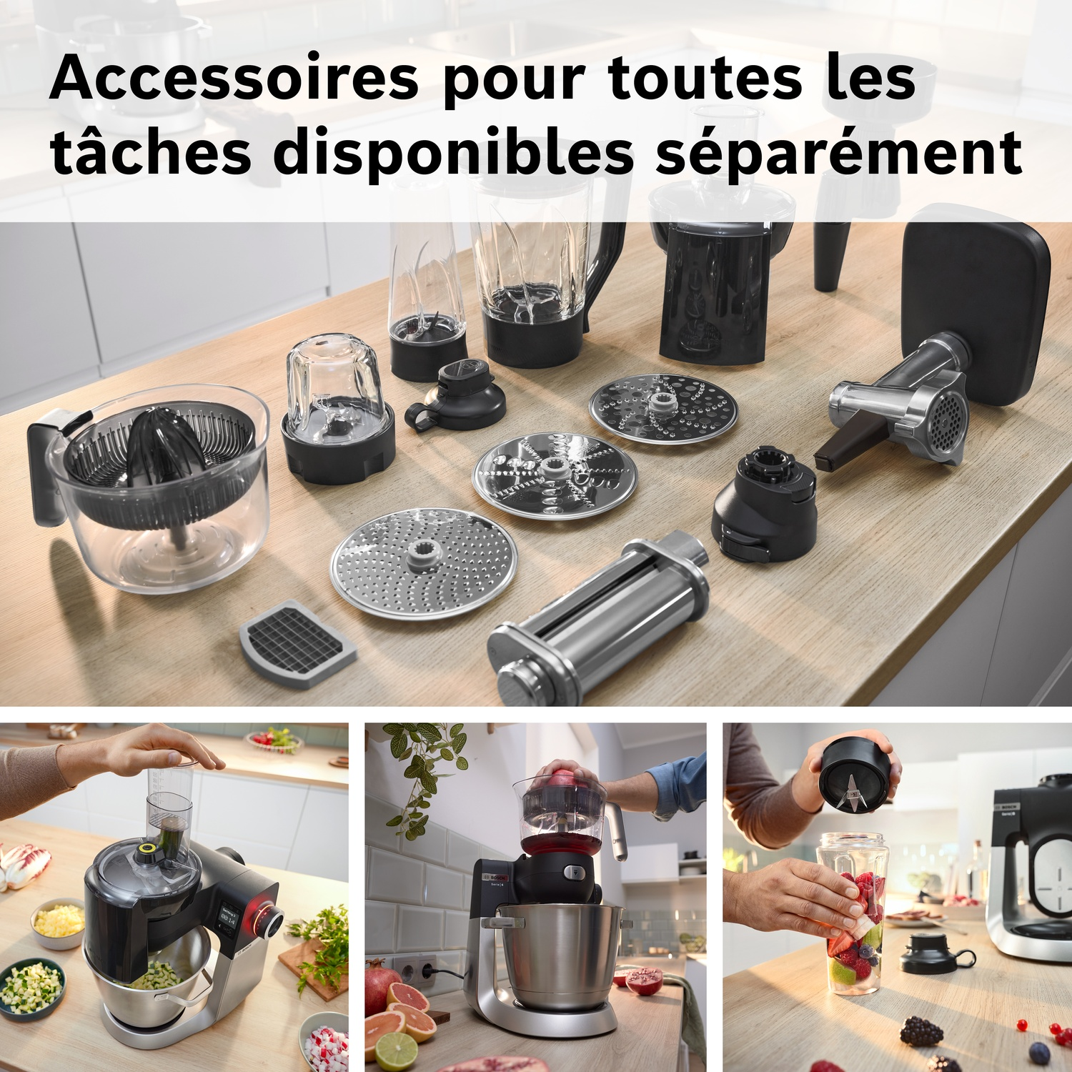 Accessoires robot multifonction : presse-agrumes, blender, hachoir, pâtes.