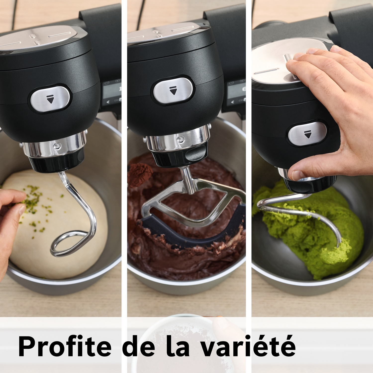 Robot pâtissier avec pâte, mélange chocolat et mélange vert.