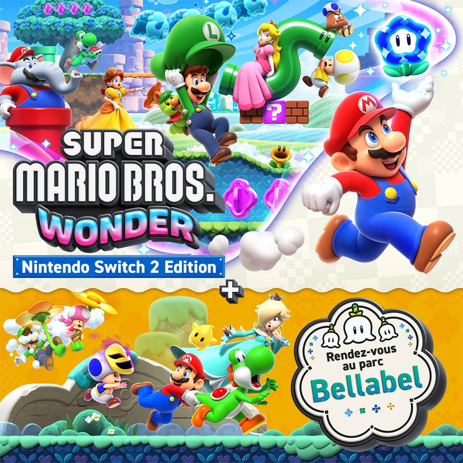Super Mario Bros. Wonder met Mario, Luigi, Peach, Daisy, Yoshi en Toad. Nintendo Switch Editie.