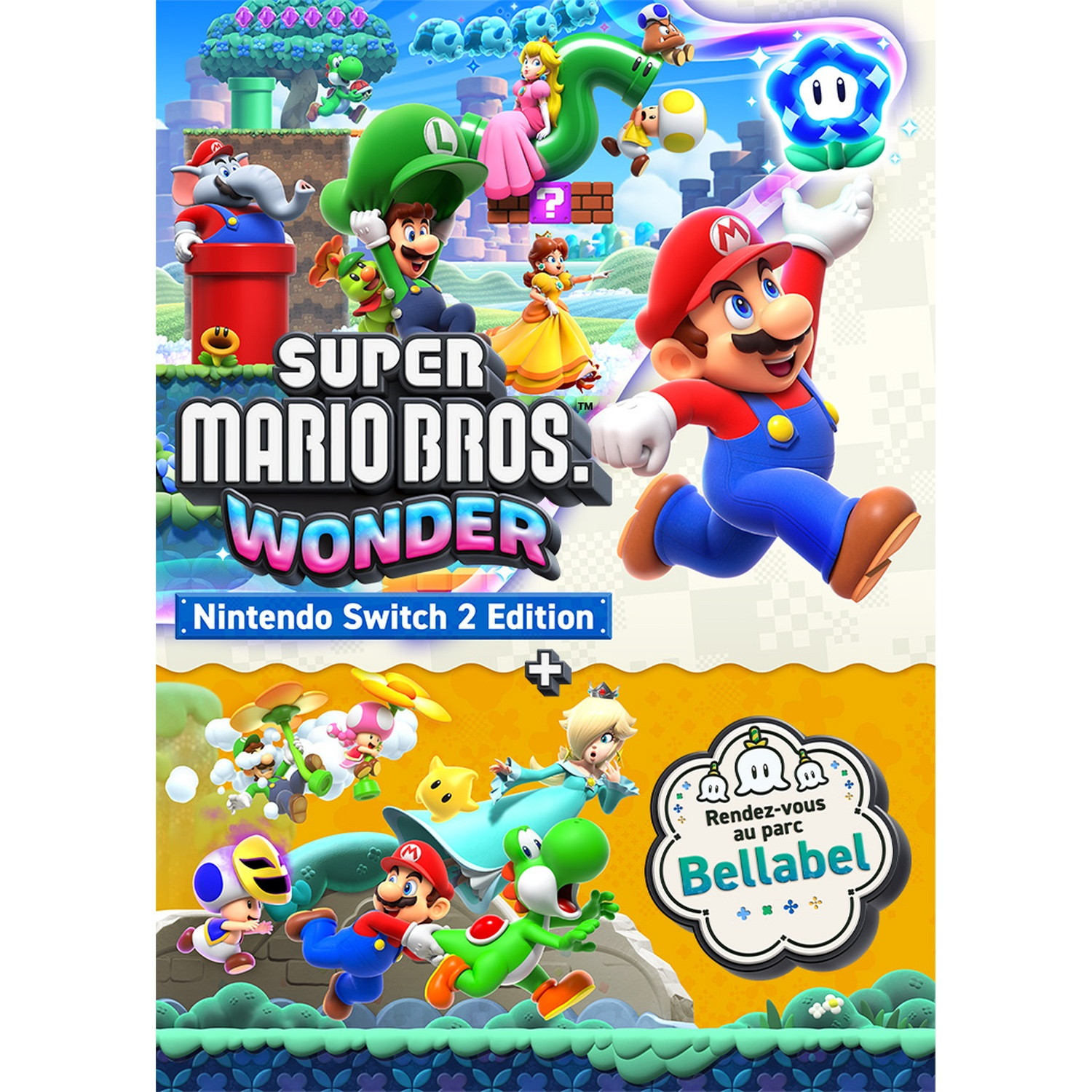 Super Mario Bros. Wonder met Mario, Luigi, Peach en Yoshi in actie.