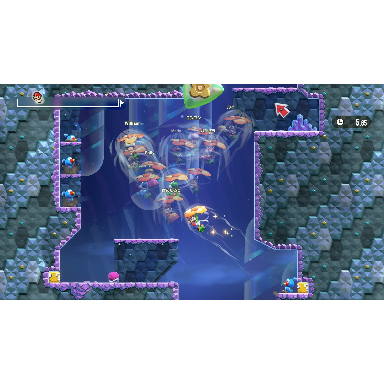 Mario vliegt in een spel met veel spelers en kleurrijke platforms.