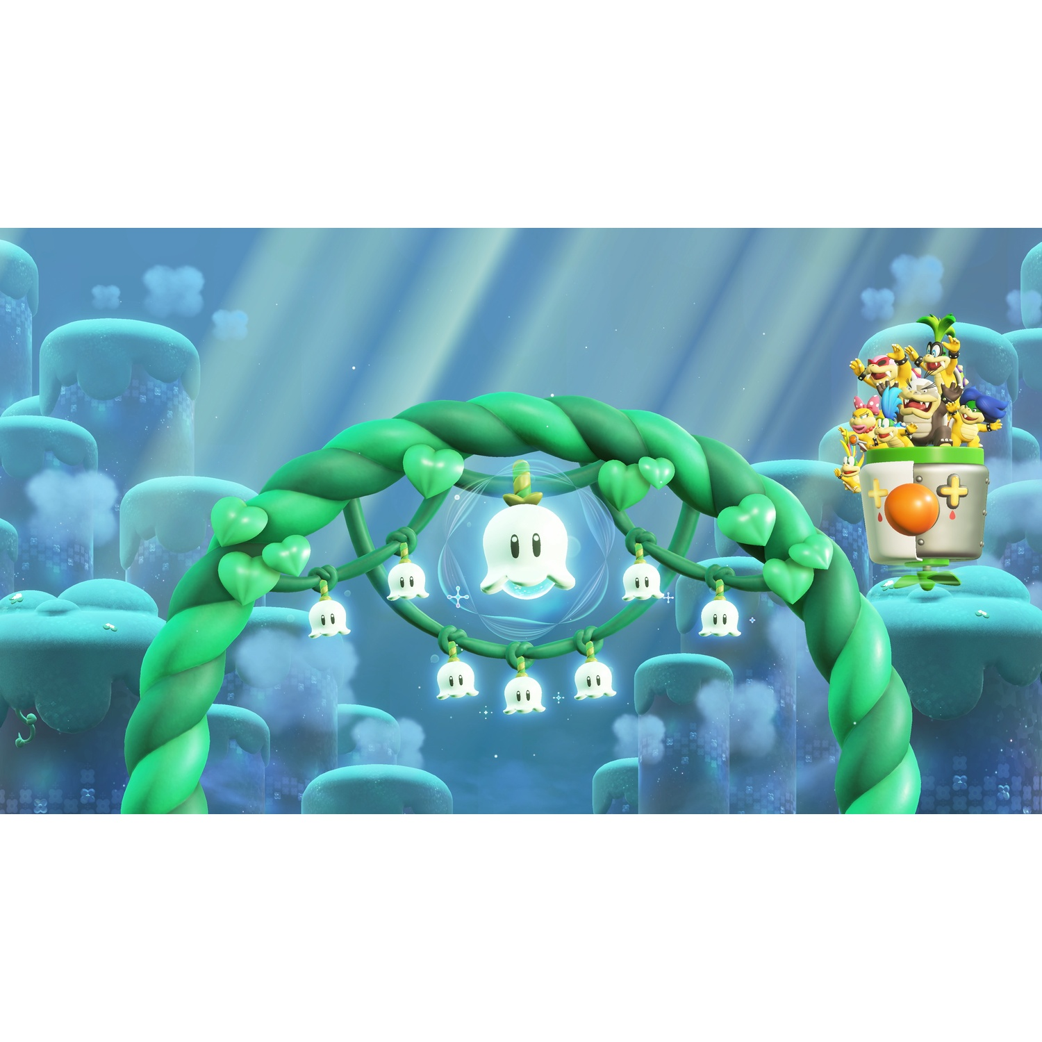 Bowser Jr. en de Koopalings staan op een emmer voor een poort met geesten en lichten.