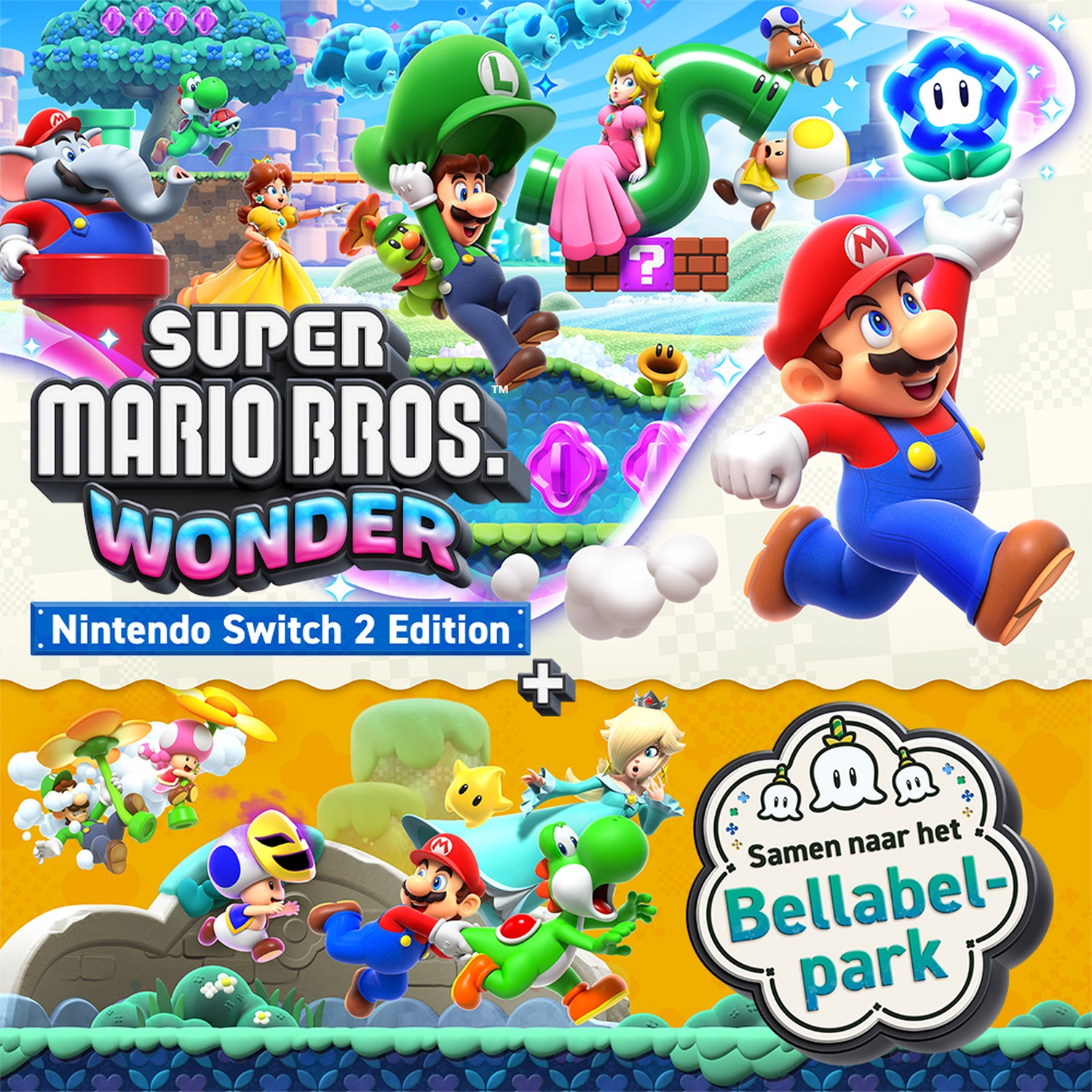 Super Mario Bros. Wonder kunst met Mario, Luigi, Peach, Daisy, Yoshi en meer personages.