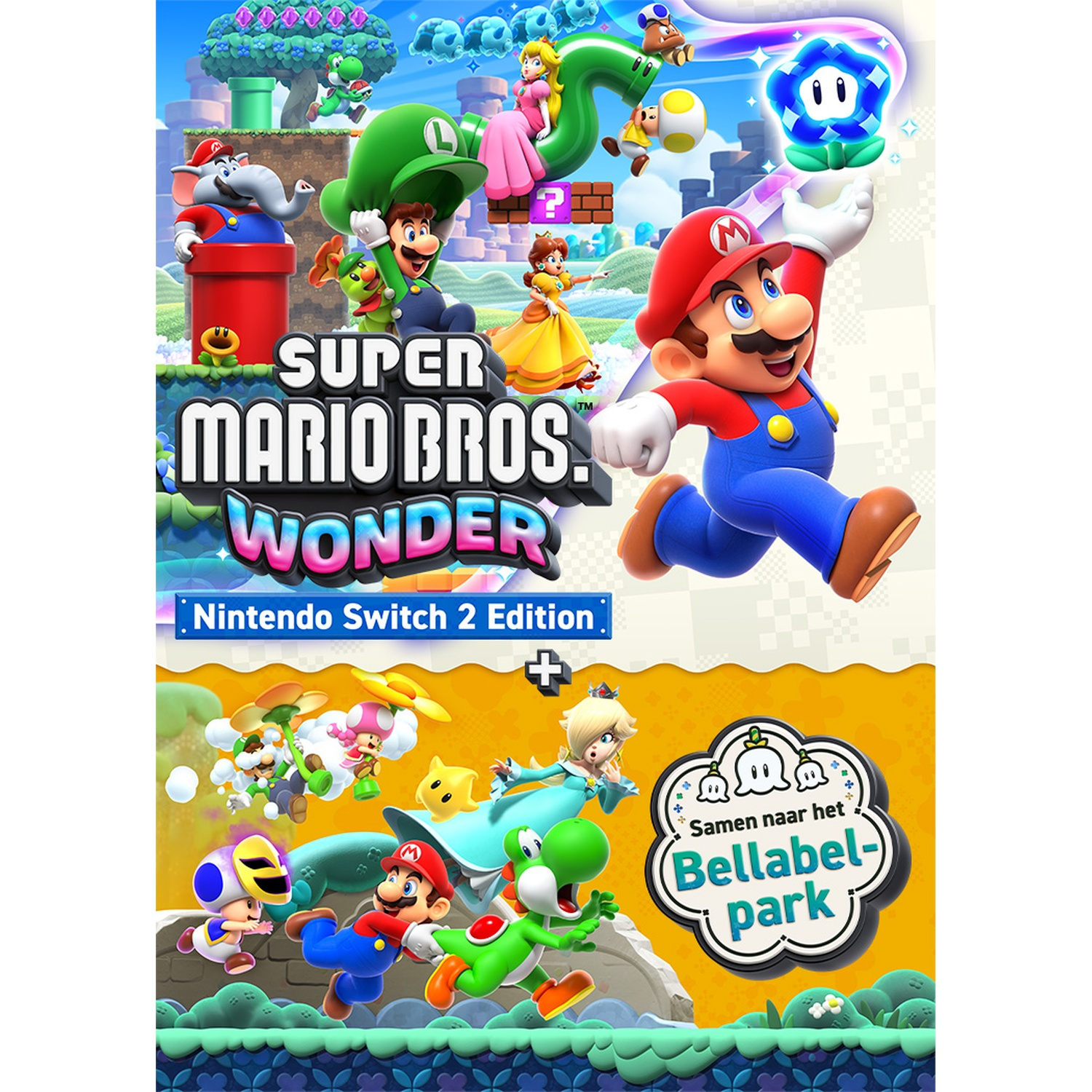 Mario en vrienden op de cover van Super Mario Bros. Wonder. Een olifant met een hoed.