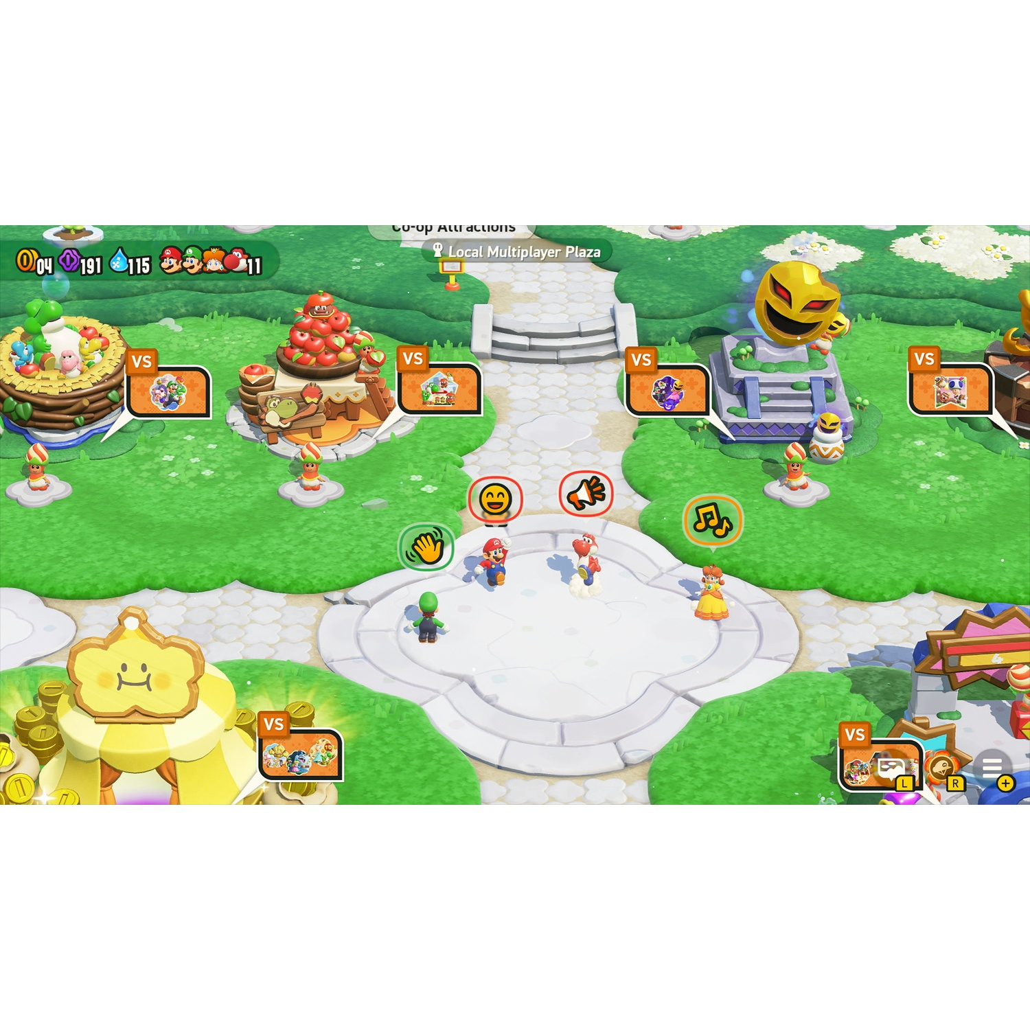 Mario-personages in een virtuele omgeving met spelmenu's.